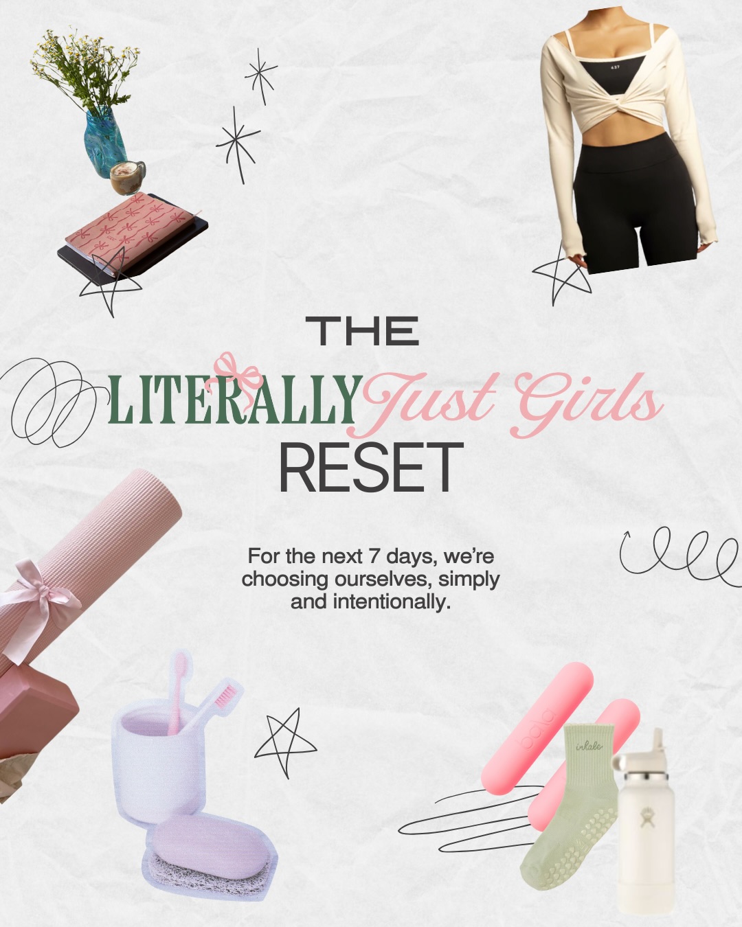 This time of year we’re all bombarded with messaging about doing more and being better, but we just want to start the year with intention.
New Year Reset for 🎀 Literally Just Girls
From Monday, January 5 → Sunday, January 11, we’re checking in daily with:
🧘♀️ one ritual for your body
🧠 one ritual for your mind
✨ one ritual for your spirit
What counts?
Whatever supports you that day.
Movement or rest. Journaling or an everything shower. Time outside or an early night.
If it feels nourishing, it counts.
✨ The Giveaway
Each daily check-in = one entry to win our New Year ritual bundle:
– Just a Girl sweatshirt
– matcha set
– bow hair clip
– Summer Fridays lip gloss
– 2026 planner
✨ How to join:
– Follow @literallyjustgirls
– Check in daily by commenting, sharing to stories what you did that day, or responding to our prompts.
🫶🏻 comment reset to join, We start Monday !!