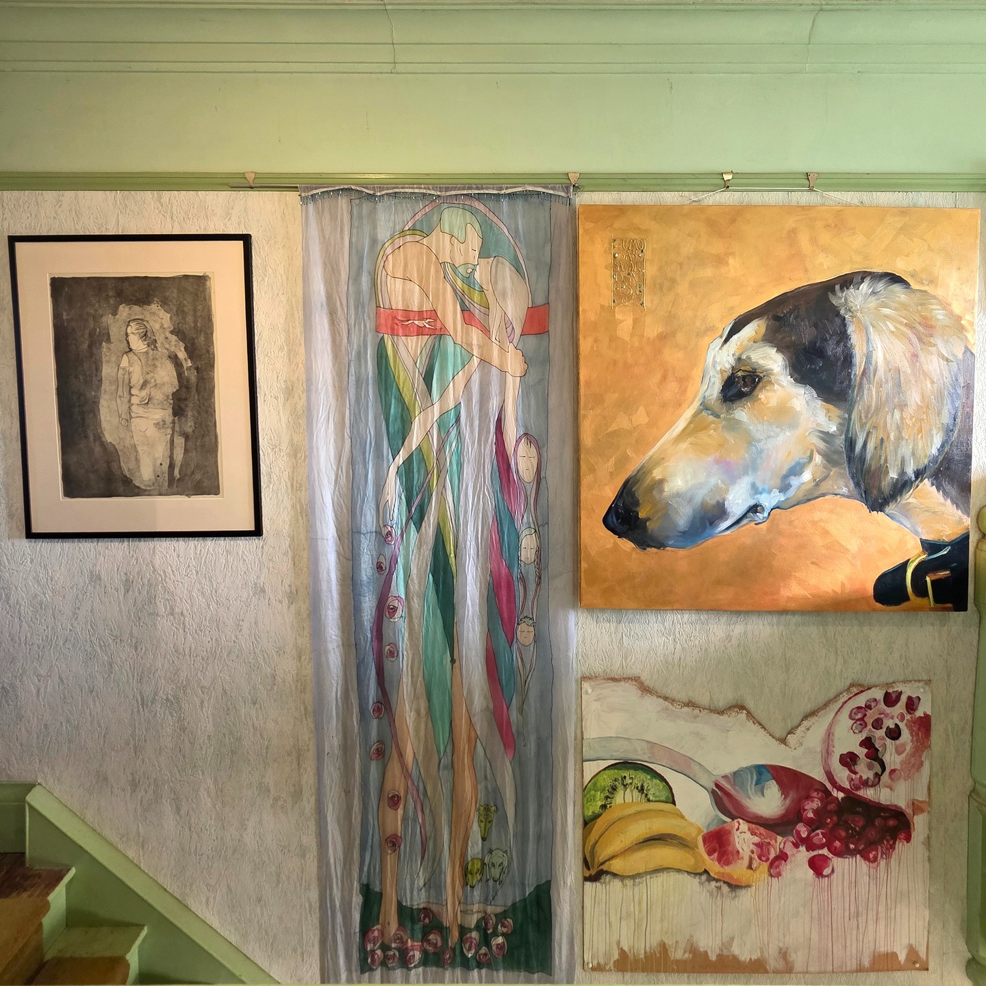 We put Spuddy on the wall to keep him safe. He takes up a lot of space at 122cm square and can stay there until he is sold.
Took a bit of lateral thinking, as when I am standing on the stairs I can just about reach the bottom left corner! He is in good company, with lithography work and acrylic still life by @lpglyne and a very old silk painting I did when the children were tiny.
As always, PM with queries 😊
#rescuedogsofinstagram #resuesaluki #salukirescue #saluki #houndpainting #goldpainting #uniorbust #artforsale #stripeyhoundart #notai #aberystwythschoolofart