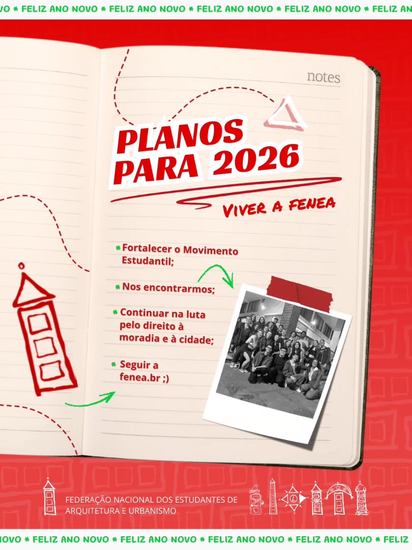 2026 já está sendo construído!
Agradecemos a todas, todos e todes que estiveram conosco em 2025. Entre encontros, afetos e luta coletiva, seguimos fortalecendo o movimento estudantil de Arquitetura e Urbanismo no Nordeste.
Que em 2026 sigamos firmes em nossas lutas, fortalecendo as bases, defendendo o direito à cidade e à moradia, e vivendo a FeNEA em toda a sua potência, porque planejar o futuro também é um ato político. ❤️✊🏽
Boas festas e um feliz ano novo!
#FeNEA #Arquitetura #Urbanismo #VivaAFeneaQueFazAGenteSeEncontrar