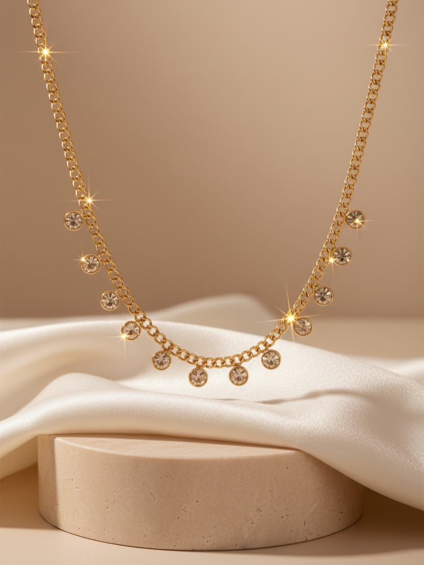 18K Golden Plated Stainless Steel Round Zirconia Necklace - Sparkling Classic Luxury Jewelry , Elegant Accessory, Shiny Finish.