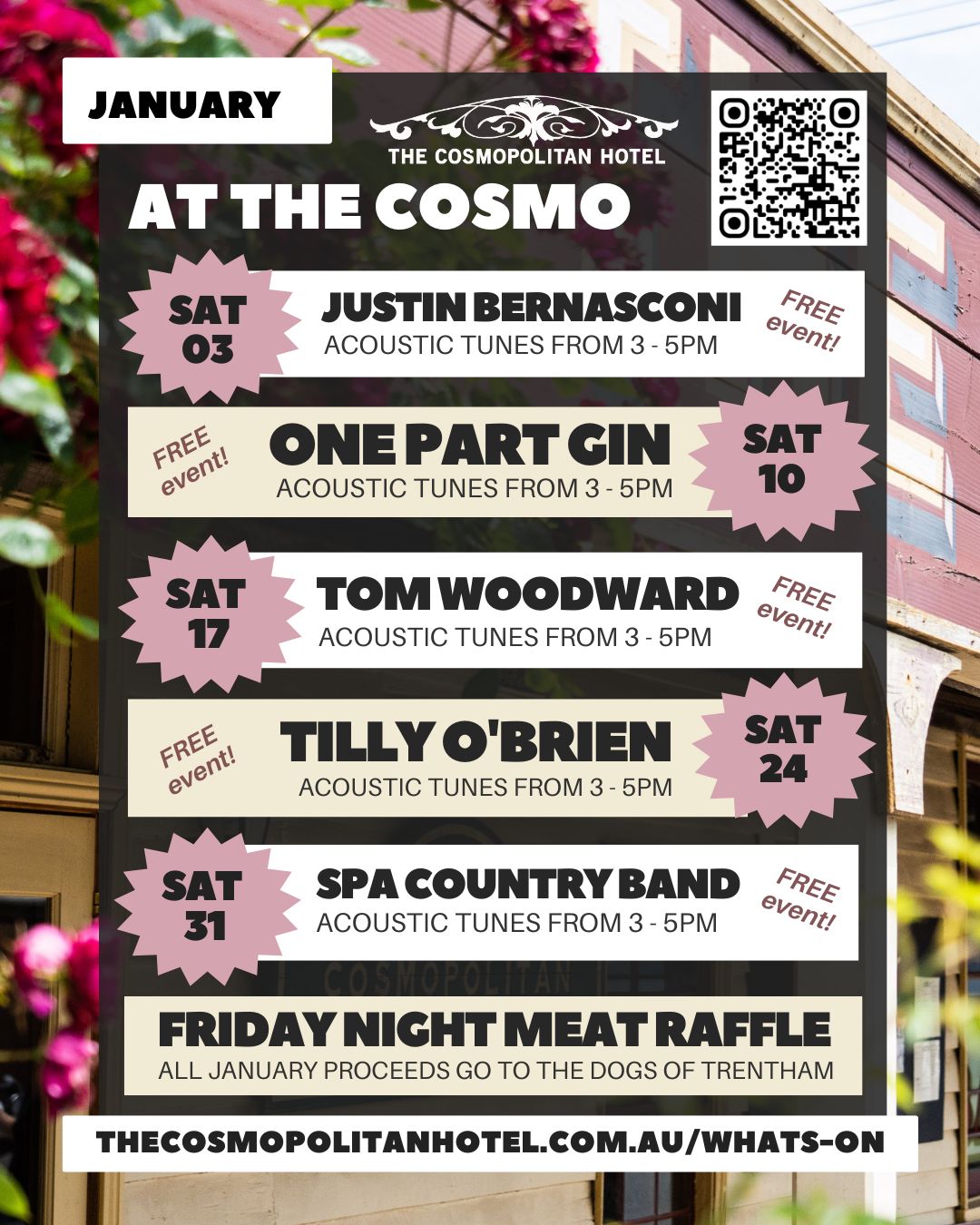 2026 is on the horizon, along with a lineup of talented original artists set to play each Saturday arvo.
3rd JAN - JUSTIN BERNASCONI @justin_bernasconi_music
10th JAN - ONE PART GIN @onepartgin_music
17th JAN - cancellation NO LIVE MUSIC
24th JAN - TILLY O'BRIEN @matildaobrienband
31st JAN - SPA COUNTRY BAND @spacountryband
For those joining us with an appetite, wood-fired pizza runs all Saturday afternoon, or you can book for lunch before/dinner after the show.
.
.
.
.
#trentham #hepburnshire #daylesfordmacedonlife #macedonranges #cosmotrentham #thecosmopolitanhotel #onehourout #onehouroutofmelbourne #melbournefoodie #daylesfordmacedonlife #macedonrangeswine #countryvictoria #regionalvictoria #visitmacedonranges #visitvictoria