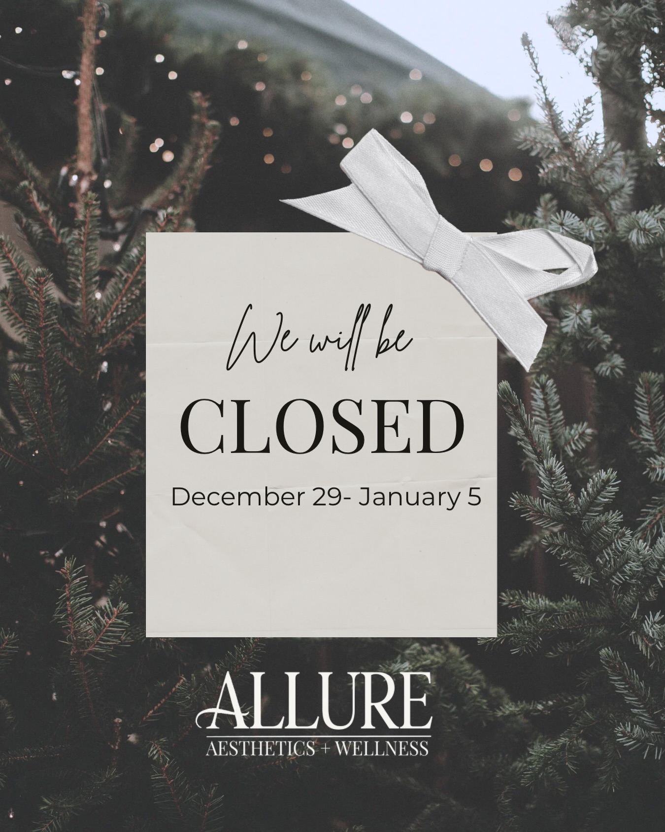 āļøAllure Aesthetics and Wellness will be closed December 29 through January 5 for a short winter break!
.
I am still available via email, phone, text or DM during this time so don't hesitate to reach out with any questions or concerns!
.
I look forward to welcoming you back in the office in 2026!
.
š»www.allure-dbq.com
š 563-258-4698
š§ info@allure-dbq.com
.
Nicole Powers, ARNP, AGNP-BC
@nicolepowers_np
#dubuqueiowa #medspa #nursepractitioner #nurseinjector #aesthetics