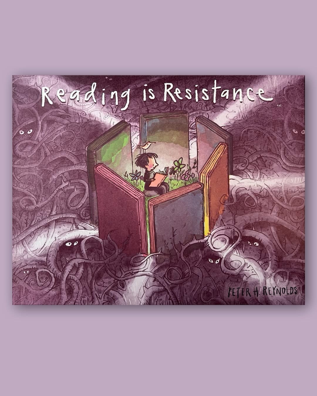 Our final Reading is Resistance print for 2025 is on the drying rack, and will be available for purchase in-store this Friday and online orders will ship next week!
Created with Peter H. Reynolds, he said the image of a child being protected by books in a very thorny place made a lot of sense to him. “There are a lot not so nice things happening out there in the world – that’s a reality. Now more than ever those vines are growing and they are growing fast.”
We’re planning a few more collaborations for our Reading is Resistance print series for early next year, and in the spring we’ll have a new theme for creators to respond to.