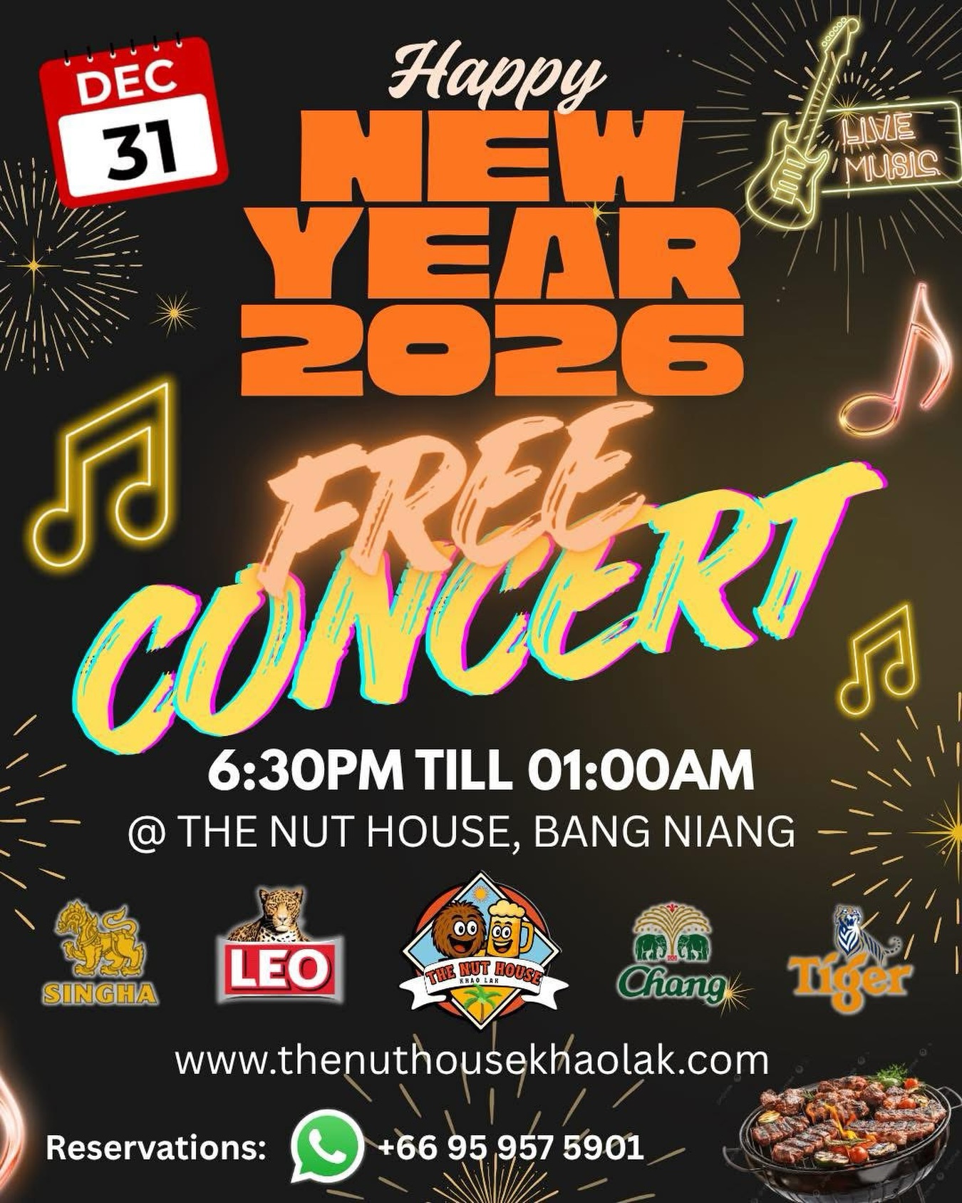 🎉 NEW YEAR’S EVE @ THE NUT HOUSE KHAO LAK 🎉
🕡 6.30pm – 1.00am
Fancy doing something different this New Year’s Eve?
Let’s do it proper Thai party style 🇹🇭🔥
Bored of Western music and same old fire shows? We see them every day.
This NYE, we’re celebrating Thai style with:
🎶 Live Thai music
💃 Coyote entertainment show
🍻 Special bucket prices on beers
🥃 Thai whiskey & rum bottle deals
🍽 Thai food buffet + BBQ
🎆 Midnight countdown with party vibes
🏖️ Just a few minutes’ walk to the beach for the New Year fireworks display
We’re in Thailand — so let’s celebrate the right way 🇹🇭
📩 Free reservation — message us now to save your spot!
