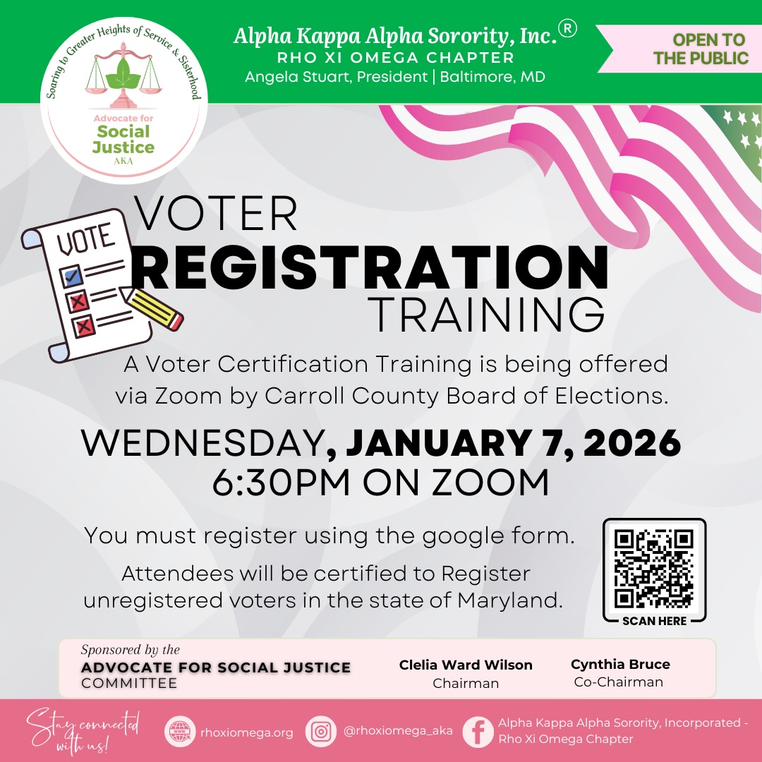 ๐ณ๏ธโจ Ready to make an impact? โจ๐ณ๏ธ
The Advocate for Social Justice Committee is hosting a Zoom Voter Registration Training on Wednesday, January 7, 2026 at 6:30 PM ๐ป
This is your chance to get certified and help empower our community through civic engagement. ๐๐ฉท
๐ Sign up using the link below or scan the QR code on the flyer.
๐ Important:
โ๏ธ Prior certification? Recertification is required
โ๏ธ Certification is valid for four years
Letโs do the work. Letโs protect the vote. โ๐พ๐ณ๏ธ
#AKA1908 #RXO1988 ๐๐ฉท