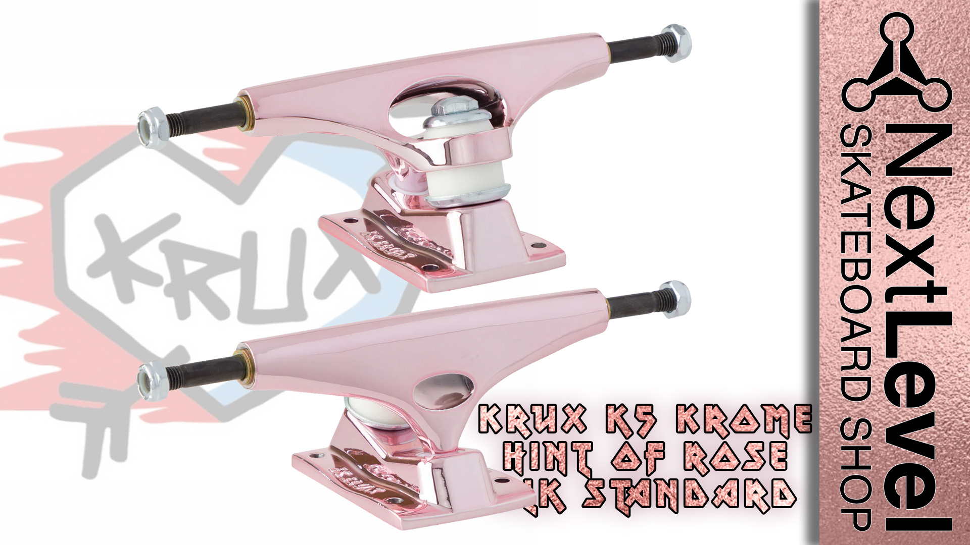 Is it rose or rosé? Either way you'll be skating in style on these Hint of Rose K5 Krux Trucks with Krome plated hanger and baseplate, white cushions, and silver hardware.
The Krux K5 Truck with the Pur-fect Turn features newly re-designed hanger and sexy-ass baseplate, quicker turning geometry, a new pivot shape & more durable injection molded pivot cup combined with the world's best cushions and the strongest axles available make the K5 the best Krux Truck ever made.
Next Level Skateboard Shop
KRUX TRUCKS
@nextlevel_skateboards
@kruxtrucks
