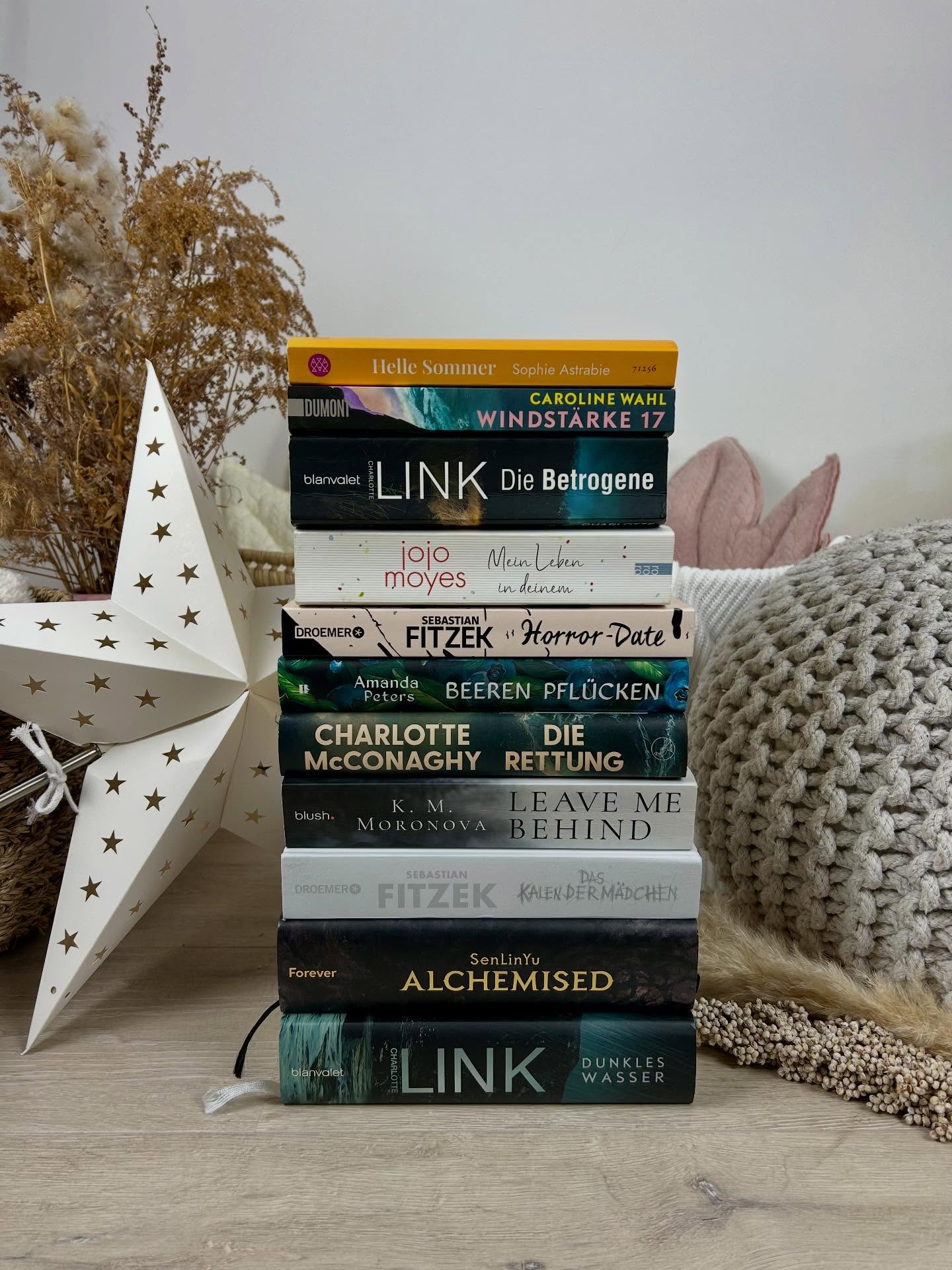 Mein Bücher-Jahresrückblick 2025
2025 war für mich ein Jahr voller Geschichten, Emotionen und gemütlicher Lesemomente.
Ich liebe es, mir Zeit zum Lesen zu nehmen, zur Ruhe zu kommen und in völlig andere Welten abzutauchen. Ob Roman, Thriller oder Dark Romance – jede Geschichte hatte ihren ganz eigenen Zauber.
Für das kommende Jahr habe ich mir fest vorgenommen, noch mehr zu lesen und meine Leidenschaft hier weiter mit euch zu teilen.
Hier seht ihr eine Auswahl der Bücher, die mich dieses Jahr begleitet haben – inklusive meiner ganz persönlichen Bewertungen.
Charlotte Link - dunkles Wasser 5/5
SemLinYou - Alchemised 5/5 ⭐️
Sebastian Fitzek - das Kalendermädchen 4,5/5
K.M. Moronova - Leave ne behind 5/5 ⭐️
Charlotte McConaghy - die Rettung 5/5 ⭐️
Amanda Peters - Beeren Pflücken 5/5 ⭐️
Sebastian Fitzek - Horror Date 1/5
Jojo Moyes - mein Leben in deinem 4/5
Charlotte Link - die Betrogene 5/5
Caroline Wahl - 22 Bahnen 4/5
Caroline Wal - Windstärke 17 4/5
Sophie Astrabie - helle Sommer 5/5
@inside.penguinrandomhouse
@knaurromance @knaurfantasy @sfischerverlage @fischertorverlag @dumontbuchverlag
#bookstagram #bookstagrammerdeutschland #buchbloggerin