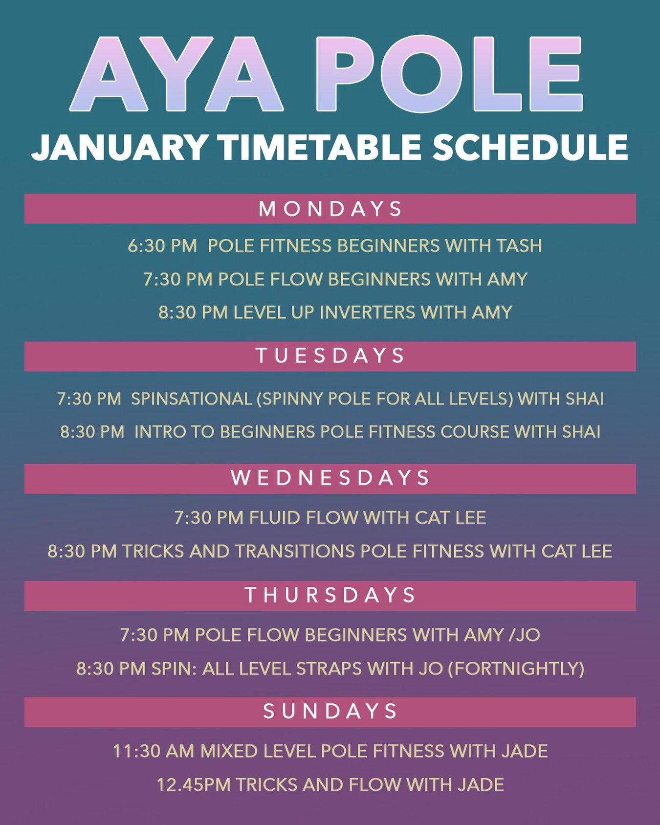 ✨New year, same AYA energy ✨
Our January timetable is live! Whether you’re brand new to pole or ready to level up your flow and heelwork, we’ve got space for you to move, connect & create with us 🤍
Click the link in our bio to get booking, we can’t wait to Welcome you “As You Are” ❤️🔥
