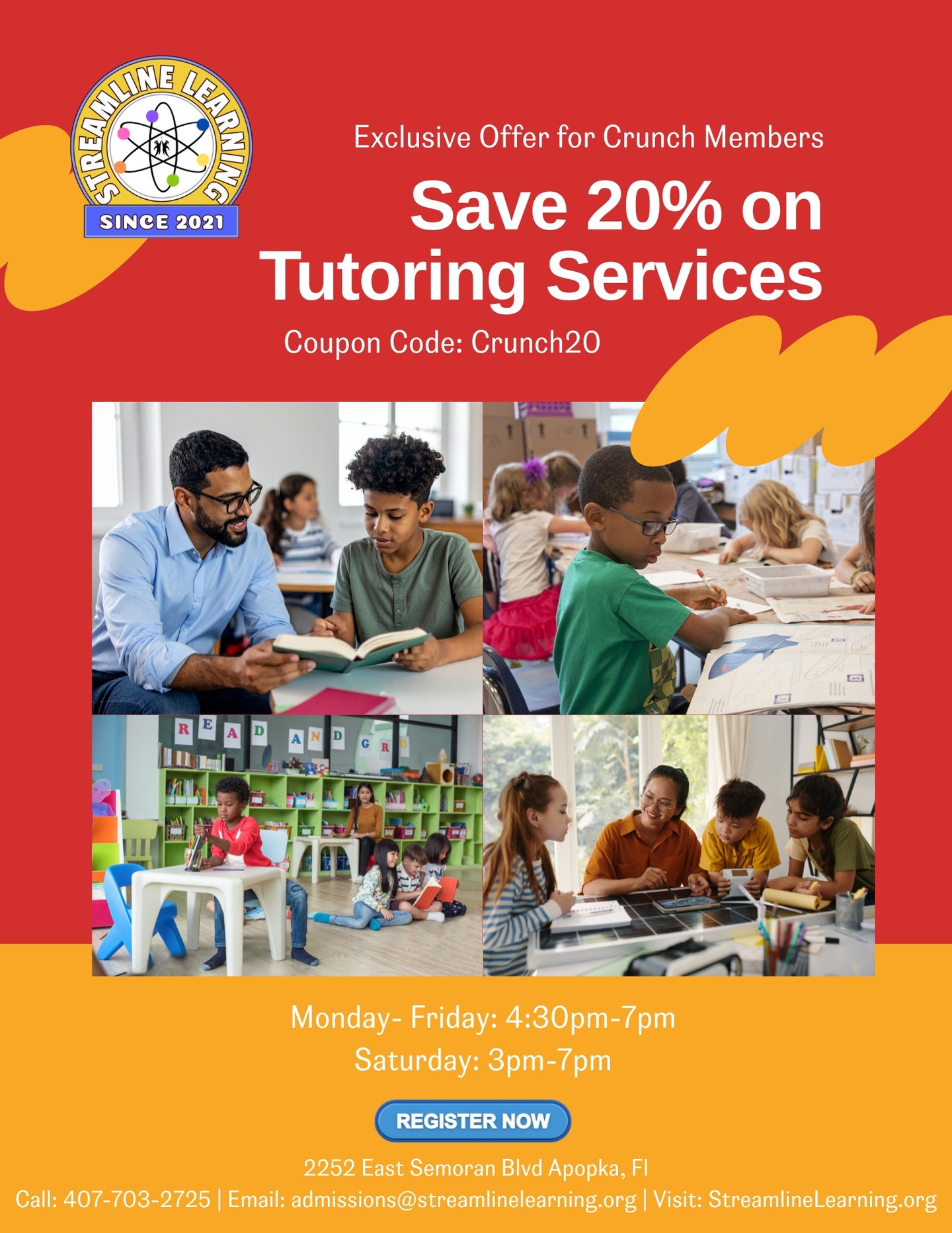🔥 CRUNCH MEMBERS EXCLUSIVE 🔥
Because strong bodies AND strong minds matter 💪🏽🧠
📚 SAVE 20% on Streamline Learning Tutoring Services
✨ Exclusive offer for Crunch Fitness members ONLY
If you’re already investing in your health at Crunch, now invest in your child’s academic success.
✔ Small-group tutoring
✔ Certified educators
✔ Reading • Math • Homework Support
✔ Confidence-building after school
⏰ Limited-Time Offer
🎟 Use Code: CRUNCH20
📌 IMPORTANT:
To receive this discount, families must show proof of an ACTIVE Crunch membership at enrollment.
📍 Apopka Location
🕓 Mon–Fri: 4:30–7:00 PM
🕒 Saturday: 3:00–7:00 PM
👉 Tap REGISTER NOW
👉 Spots are LIMITED to keep class sizes small
👉 This offer is for NEW Streamline Learning families only
💙 Don’t wait—your child’s confidence can change this semester.
#CrunchMembers
#CrunchFitness
#CrunchLife
#StreamlineLearning
#StreamlineTutoring
#ApopkaParents
#ApopkaFL
#CentralFloridaParents
#AfterSchoolHelp
#TutoringWorks
#InvestInYourChild
#SmartKidsStrongKids
#EducationMatters
#ParentLife
#MomApproved
#DadApproved
#BackToSchoolSupport
#AcademicConfidence
#SupportLocalEducation