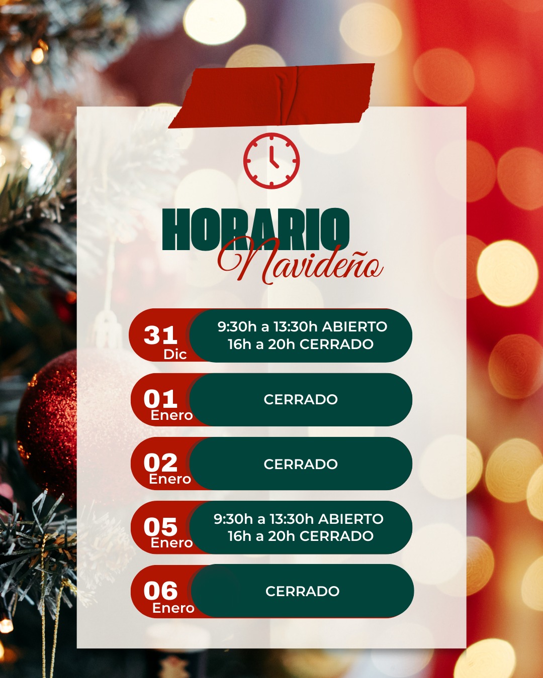 🎄✨ Horario especial de Navidad ✨🎄
Durante estos días tendremos horario especial para que puedas
✨ prepararte para las fiestas
🎁 hacer tus compras
💌 o regalar bienestar y experiencias con nuestras tarjetas regalo
Desde Élite os deseamos muy felices fiestas y próspero año nuevo 🎄✨
Gracias por acompañarnos siempre 💚