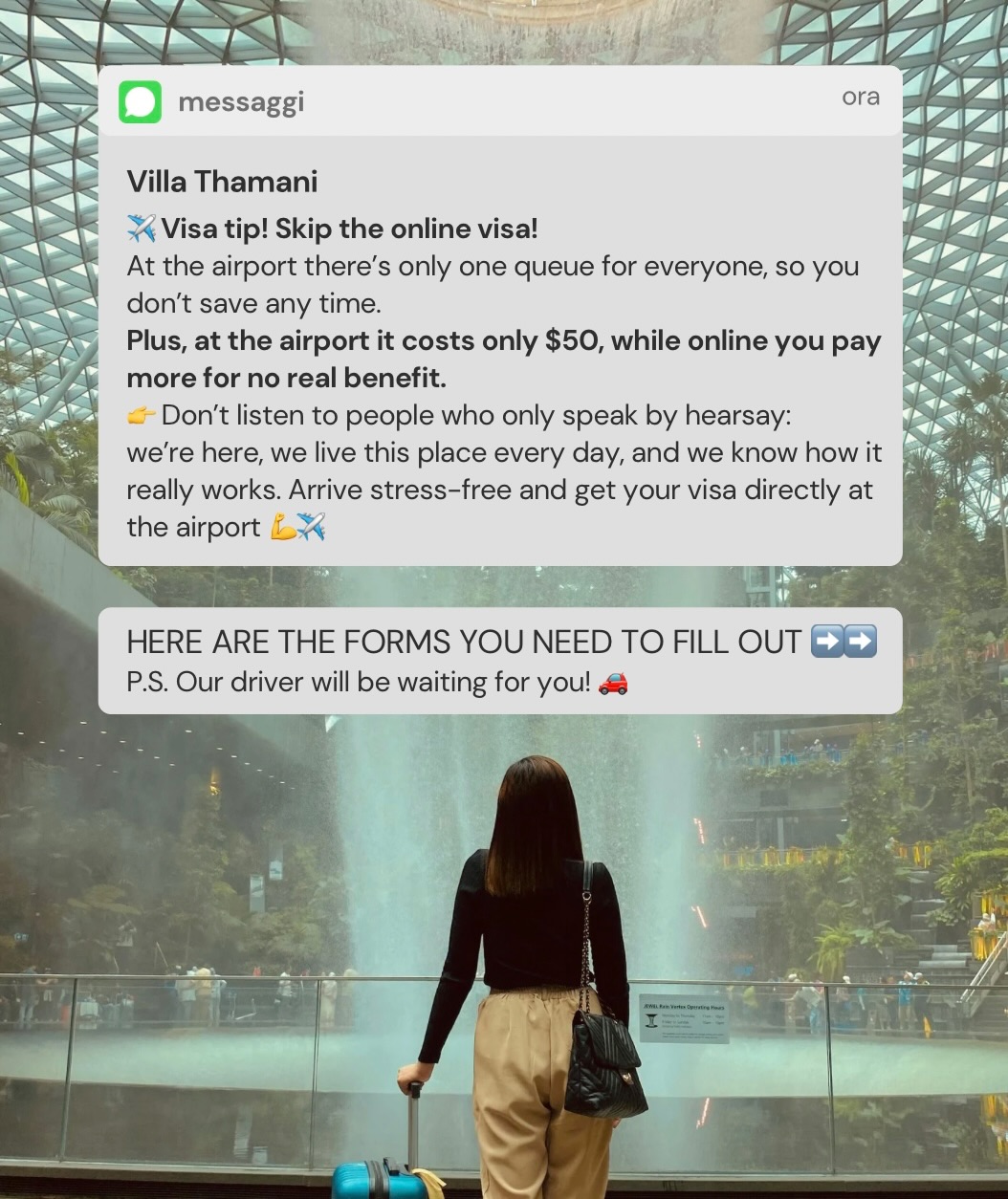 No stress, no unnecessary steps ✈️
You don’t need to apply for the visa online:
at the airport there’s one single queue for everyone, so you don’t save any time… and online it actually costs more.
👉 We’ve added videos in this post to show you exactly which 2 forms to look for and fill out at the airport, so you can arrive prepared and relaxed.
If you have any questions or need help with anything,
just message us — we’re here, we live here, and we know how things really work.
🚗 And when you arrive, you won’t be alone:
our driver will be waiting for you at the airport to take you straight to us.
Travel light. We’ve got you 💪✈️
www.villathamani.com