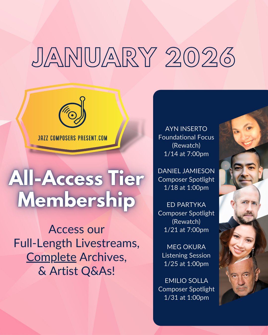 Check out our exciting list of livestreams for January 2026 featuring Ayn Inserto @ayninserto @berkleecollege @berkleejcmp, Daniel Jamieson, Ed Partyka @partyka_ed, Meg Okura @megokura, and Emilio Solla @emiliosolla!
Become a member to watch full-length (~60min) events and participate in live Q&As.
#january #calendar #fulllengthevents #ayninserto #danieljamieson #edpartyka #megokura #emiliosolla #listeningsession #listeninghang #composerspotlight #roundtable #jazz #jazzcomposition #jazzcomposer #jazzcomposerspresent #composer #arranger #composition #arranging #masterclass #musiced #jazzmusic #lesson #minilesson #learnjazz #musician #music #bigband #nomusicnolife
@mihohazama @ericaseguinemusic
