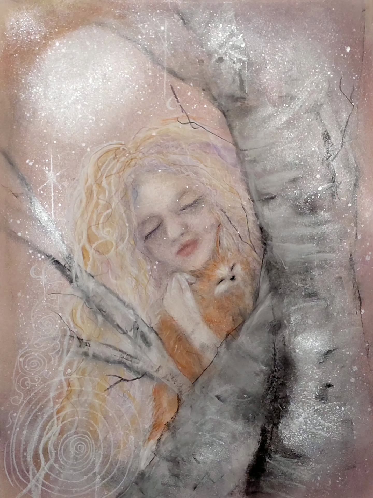 With the final touches complete, 'Winter Walkabout' is now finished. In the mystical birch woods, fairy Nyrikie is captured in a gentle moment with her sleepy fox cub companion. This soothing scene was created over the past month using pastels and spray mica on 18x24 mixed media paper. It can be yours for $375, adding a touch of magic to any room. Ideal for lovers of chilly walks and the smell of snow, with the delicate spirit of a fairy, and fierce heart of a momma fox.
#artofthemonth #happynewyear #foxesofinstagram #cub #fairy #ink #spiral #birches #pastelpainting #winterscene #fantasylandscape #dreamy #spiritualportraiture