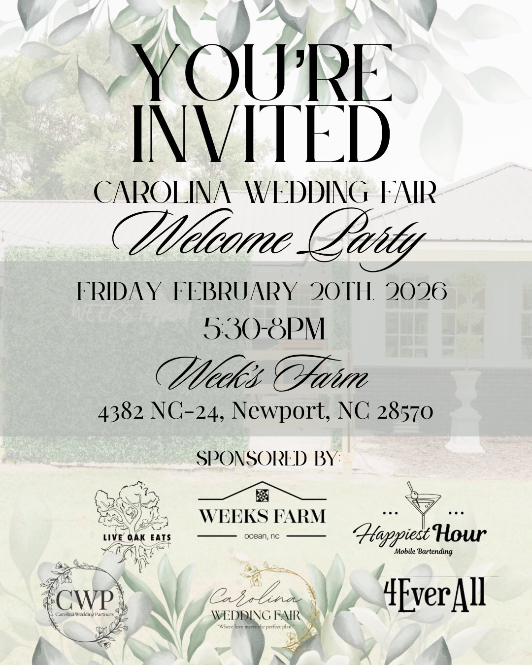 You’re invited to the Carolina Wedding Fair Welcome Party at Weeks Farm — the perfect way to kick off wedding fair weekend. Enjoy drinks, light bites, live music, and relaxed mingling with fellow couples and vendors. 🥂✨
Limited tickets available.
Includes entry to the Carolina Wedding Fair.
Comment “tickets” below to get yours today!