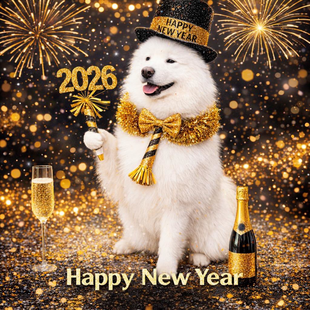 We wish you a happy new year with happiness, health and joy. Let‘s create unforgettable moments in 2026! #happynewyear #dogsofinstagram #doglife #welcome2026 #samoyedlife