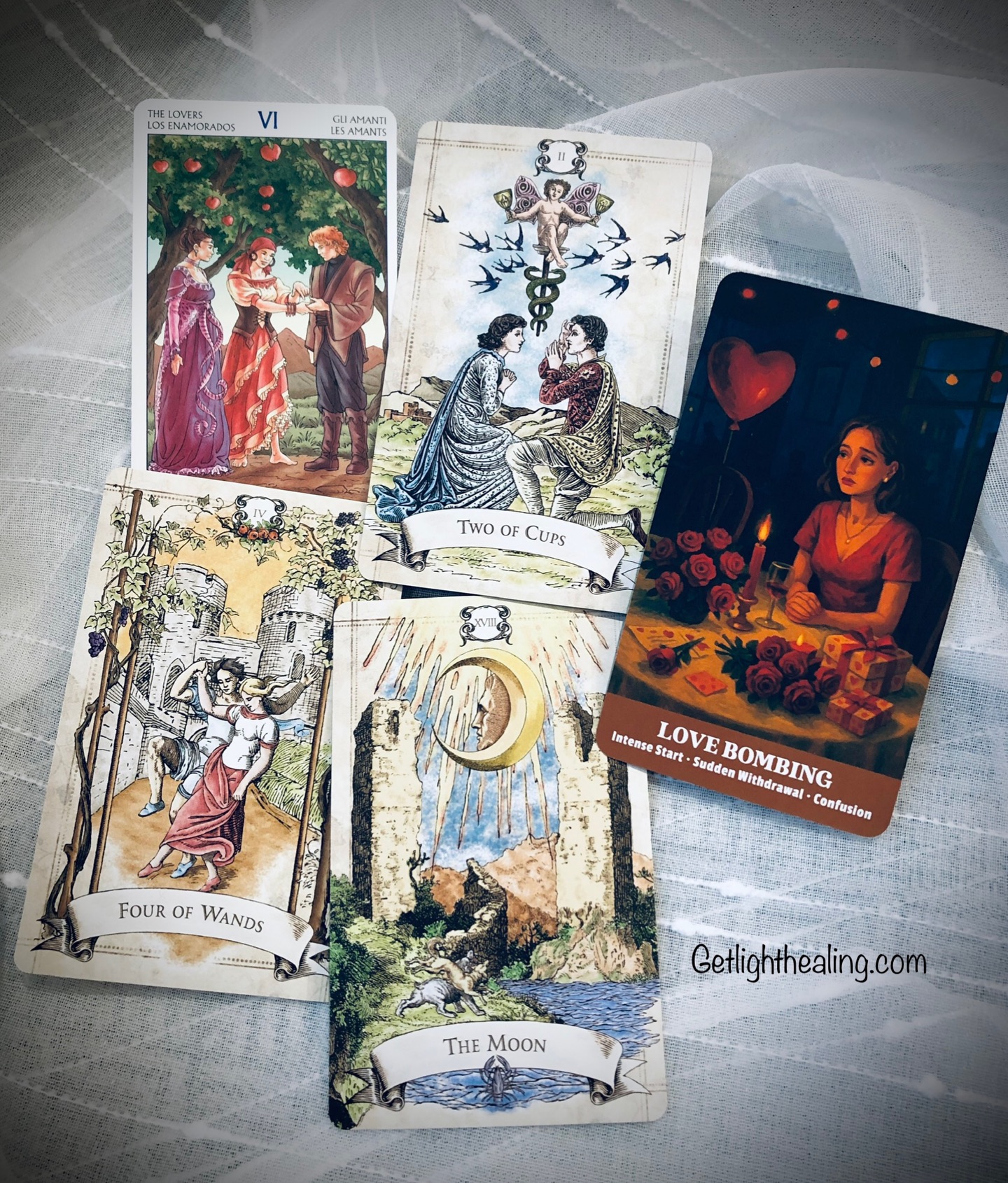 Guidance for the week of January 25, 2026:
“Smoke-show, Smoke-screen”
The Lovers place you at a crossroads—a life-altering decision looms concerning a new romance. You want to align your world with someone who shares your values, where emotions flow both ways to mutual satisfaction. But how deep do you want to go? How committed are you willing to be? The 2 of Cups-the physical manifestation of the Lovers-urges you to examine the give and take. This connection is essentially a contract, a shared agreement of what you’ll allow and accept. Is the chemistry really there? Is the feeling returned in kind, same degree, given in equal measure? Is this contract worth the price you’ll pay? 4 of Wands with the Moon- warns against celebrating too soon. There are underlying fears and doubts that need to be addressed before you take the next step. Something you’ve been anticipating with excitement is marred by a vague feeling that something’s off. Trepidation, fear or suspicion creep in. It hangs in the background like fog, obscuring the truth of the matter. Are you making choices with incomplete information? Is something being purposely withheld? Are you in denial about real red flags, or are old wounds being triggered, making you project fears onto something genuine? The confusion itself is the warning—proceed with caution when things feel this unsure. Love bombing card questions whether these are truly “days of wine and roses” or if things are moving too fast. Go back to the 2 of Cups: Is this relationship too intense, too demanding, over-the-top? A true heart connection allows things to unfold and develop while being respectful of your vulnerabilities. If someone’s rushing you toward commitment before you’ve had time to assess the give and take, that fog isn’t in your head—it’s a smoke screen. Give it a month.
Situation: The Lovers
Pay Attention: 2 of Cups
Avoid: 4 of wands/ The Moon
Hidden Danger: Love Bombing