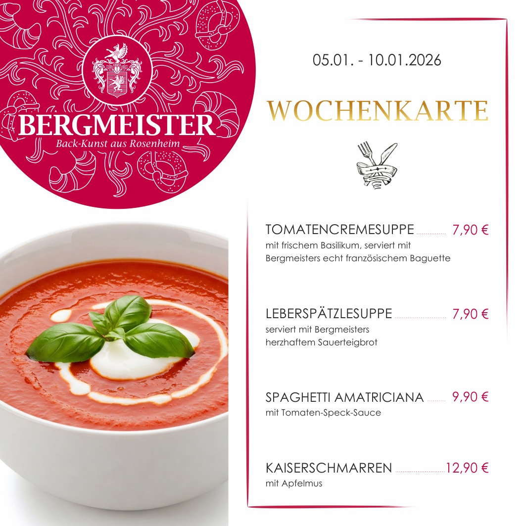 🎥✨ Hey ihr Lieben! Es ist Zeit für eine neue Wochenkarte im Café Bergmeister - wir haben wieder richtig leckere Schmankerl! 🍽️❤️
Komm vorbei in deiner Mittagspause und lass dich mit unseren tollen Gerichten verwöhnen!
Zur Auswahl stehen diese Woche:
🥣 Eine cremige Tomatencremesuppe mit frischem Basilikum und knusprigem Baguette – der perfekte Start in den Mittag!
🍜 Oder vielleicht unsere herzhafte Leberspätzlesuppe? Ein echter bayerischer Klassiker!
🍝 Wenn du Lust auf etwas Italienisches hast, dann sind die Spaghetti Amatriciana genau das Richtige für dich – mit würziger Tomaten-Speck-Sauce, sooo lecker!
🍏 Und zum süßen Abschluss: unser himmlischer Kaiserschmarren mit Apfelmus! Ein Muss für alle Naschkatzen!
Schau vorbei und genieße deine Pause bei uns.
Wir freuen uns auf dich! 😊☕️
#EssenWieBeiMama #herzhaft #herzhafteküche #Tomatensuppe #leberspätzlesuppe #spaghettiamatriciana #pasta #kaiserschmarren #mittagspause #lunchbreak #maxjosefsplatzrosenheim #rosenheim #cafébergmeister #bergmeister #pause #mittagessen #frischeküche #wochenkarte