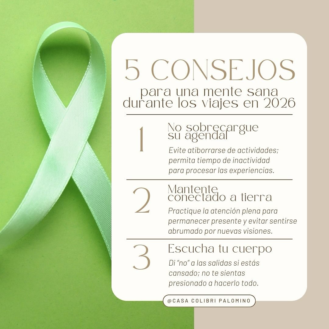 🌿Cuidar tu mente es tan importante como cuidar tu cuerpo
✨Viajar en calma, sin prisas y con hábitos conscientes transforma por completo la experiencia. Date espacios de descanso, mantente presente, escucha a tu cuerpo, aliméntate bien y conserva los vínculos que te hacen sentir en casa. Una mente sana hace del viaje un recuerdo verdaderamente especial
#BienestarMental #ViajarConCalma #MenteSana #TurismoConsciente #MindfulnessEnViaje #EscuchaTuCuerpo #HabitosSaludables #ViajesConProposito #EquilibrioEmocional #Autocuidado #CasaColibriPalomino #Palomino #VidaConsciente #ViajarMejor #SaludIntegral
#casacolibripalomino #palominoguajira