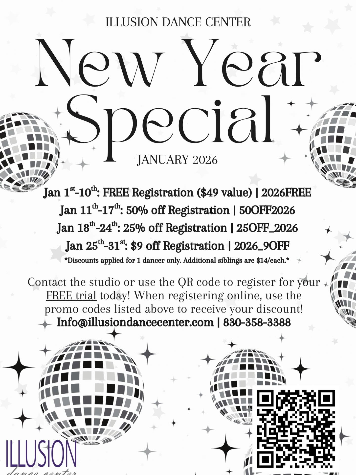 Our New Year Special has officially started!✨🎇
Sign-up anytime in the month of January for Registration Savings!
We offer FREE trials for all of our classes, so your dancer can find the perfect fit for them!
Contact us to sign-up for your free trial today & secure your discounted registration!⭐️
*when registering online, please use the promo codes listed on the flyer to receive your discount*