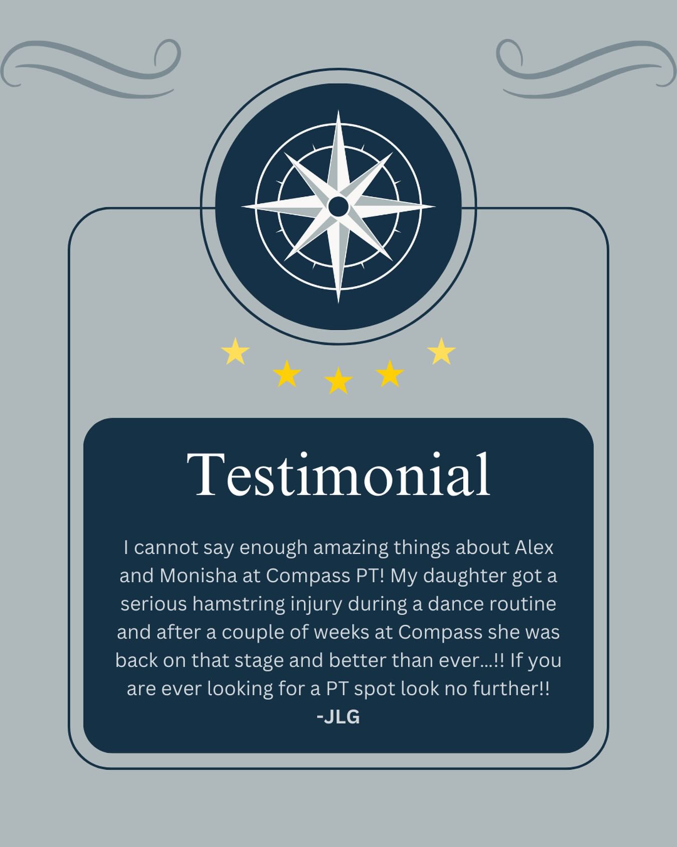Testimonial Tuesday!
From injury to center stage💪🏻
We’re so proud of this comeback and grateful for the trust in Alex and Monisha at Compass!
#compasspt #physicaltherapy #testimonialtuesday #patientreview