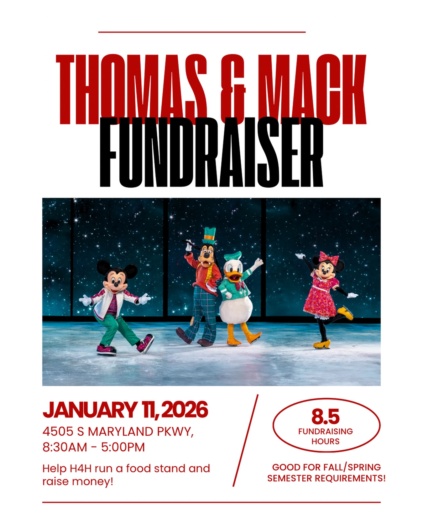 Celebrate 2026 by volunteering with H4H! Help us raise money to help our club by running a food stand for Disney On Ice ⛸️❄️
📅 Sunday, January 11
⏰ 8:30am - 5pm (8.5 hours!)
Hours acquired during the event are eligible to be redeemed for Fall 2025 or Spring 2026 requirements! Sign up on our calendar NOW ✨