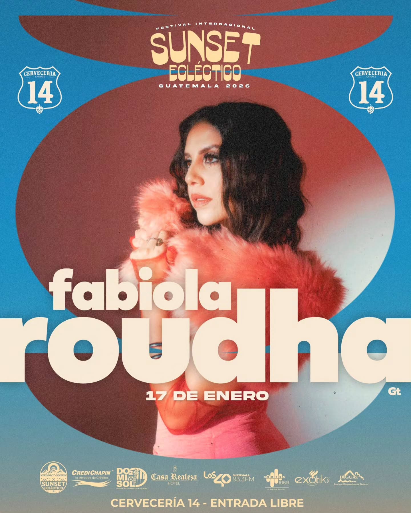 FABIOLA ROUDHA
Una de las voces más poderosas de Centroamérica vuelve al escenario.
Fabiola Roudha llega al Festival Sunset Ecléctico con su mezcla de soul y pop, conquistando corazones con cada interpretación.
Cantante, compositora y co-productora del mismo Festival en Guatemala, Fabiola es una artista guatemalteca reconocida por su versatilidad vocal y su proyección internacional dentro de la música latina.
Ha compuesto y colaborado con artistas como Daniela Romo, Comisario Pantera, entre otros.
17 de enero — Cervecería Catorce
Sunset Ecléctico 2026
#festivales #Guatemala #sunseteclectico
Un evento de @sunseteclecticooficial
www.sunseteclectico.com