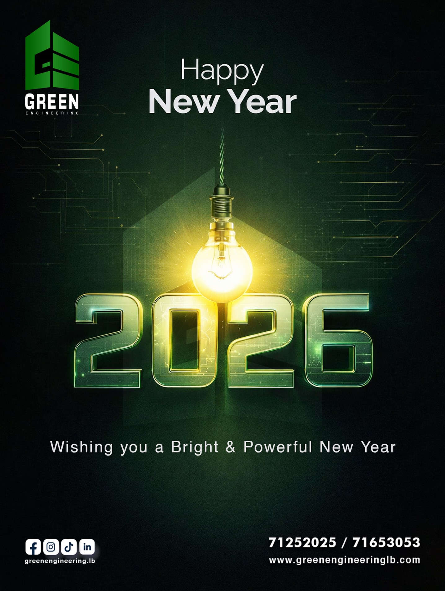 بمناسبة حلول عام 2026، تتقدم شركة Green Engineering بأصدق التهاني وأطيب الأمنيات،
سائلين الله أن يكون عامًا مليئًا بالنجاح، الاستدامة، والإنجازات المتجددة.
نعدكم بمواصلة تقديم حلول هندسية ذكية وطاقة نظيفة أكثر كفاءة،
مع التزامنا بالابتكار، الجودة، وبناء مستقبل أخضر أكثر إشراقًا.
كل عام وأنتم بخير، وعام 2026 عام الطاقة والتميّز 🌱
#sun #energy #happy #new #year2026
