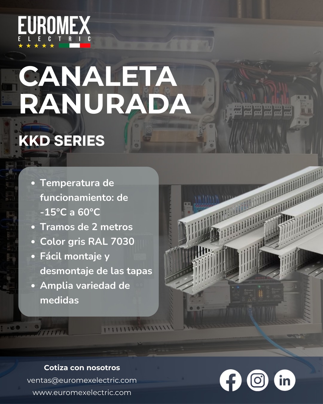 Con las canaletas ranuradas KKD se facilita utilizar el máximo espacio en el interior de la canaleta, además del montaje y desmontaje rápido de sus tapas y la facilidad de corte de las lengüetas simplemente con un doblez.
Cotiza tu canaleta con nosotros.
www.euromexelectric.com
#canaletas #tableroselectricos #cableselectricos