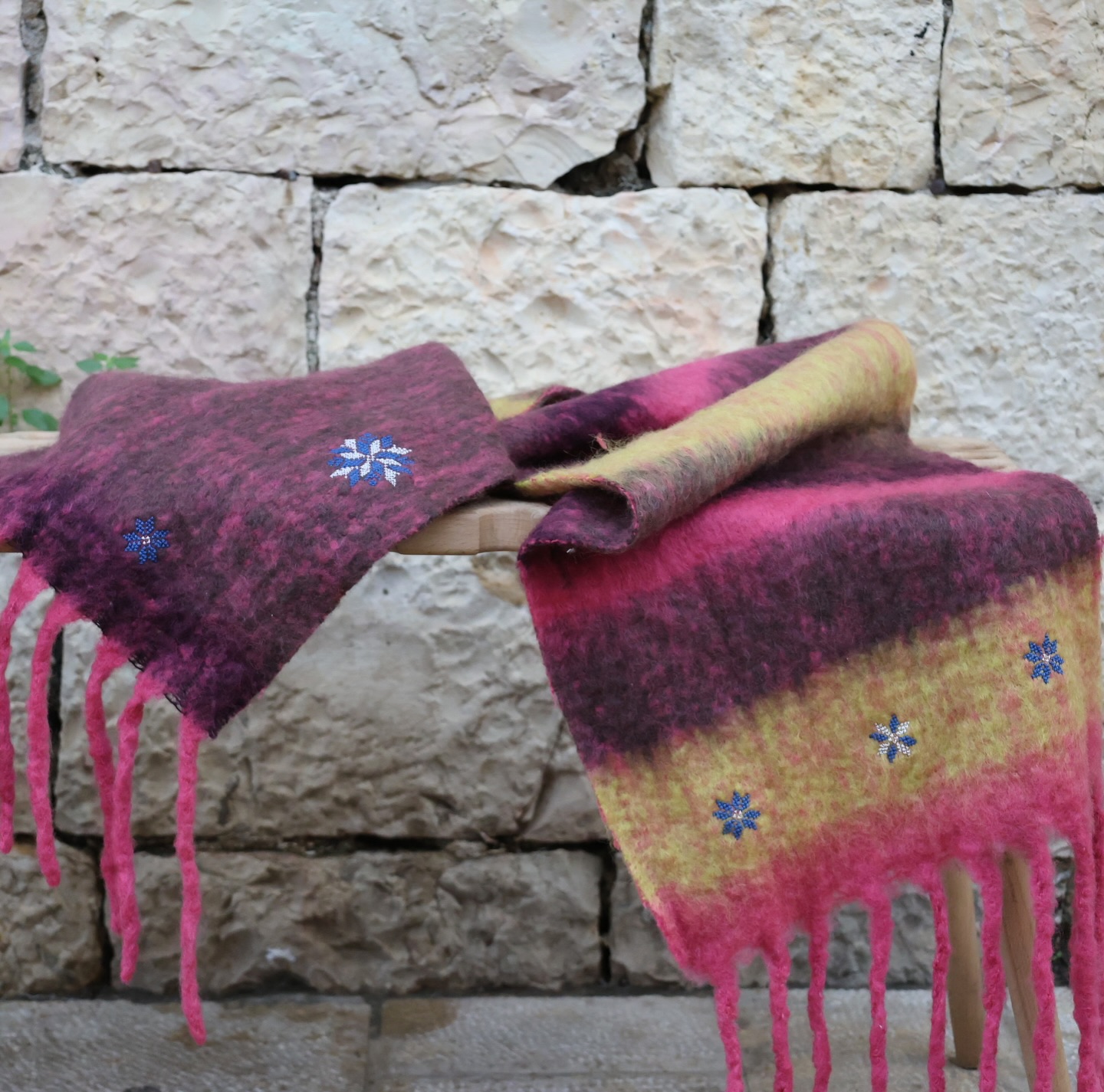 Moon of Bethlehem Mohair Scarf
an artisanal, fluffy, warm pink and mustard wool scarf, hand-embroidered with the Moon of Bethlehem motif in blue and silver.
#see_through_samar
#handembroidery
#ethnicalfashion
#celebrating_heritage
#palestinian_tatreez
