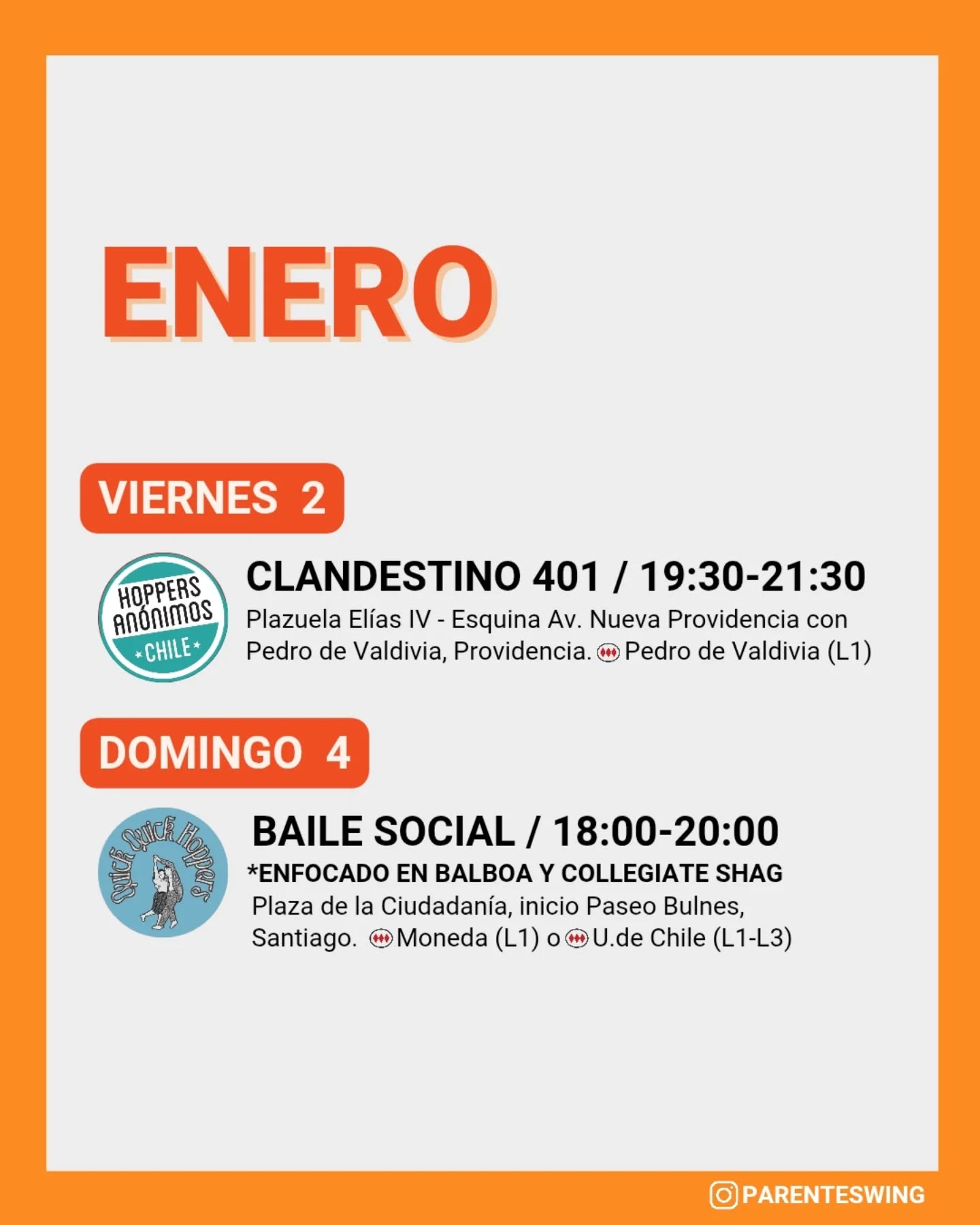✨Todos los eventos son gratuitos y abiertos a todo público, a menos que se indique valor de entrada 💸
‼️Cualquier modificación o nuevo evento en los comentarios👇🏻 y/o por historias 👆🏻
🤔 Qué es un Clandestino o Baile Social?
Una instancia donde fanáticos de los bailes swing (Lindy hop, Balboa, Shag, Solo jazz) se reunen a compartir, hacer comunidad y a la vez, practicar.
❌ Las actividades publicadas NO son instancias de clases para aprender a bailar, a menos que se indique “Taller” o “Clase Abierta”.
👀 Quieres aprender a bailar?
En nuestra historia destacada “CLASES” está toda la información y formularios de inscripción a los cursos del mes de las escuelas de bailes swing ✨
Nos vemos en la pista! 💃🏻🕺🏻🔥
#lindyhopchile #swingchile #panoramasgratis #swingdancechile #swingdancingchile