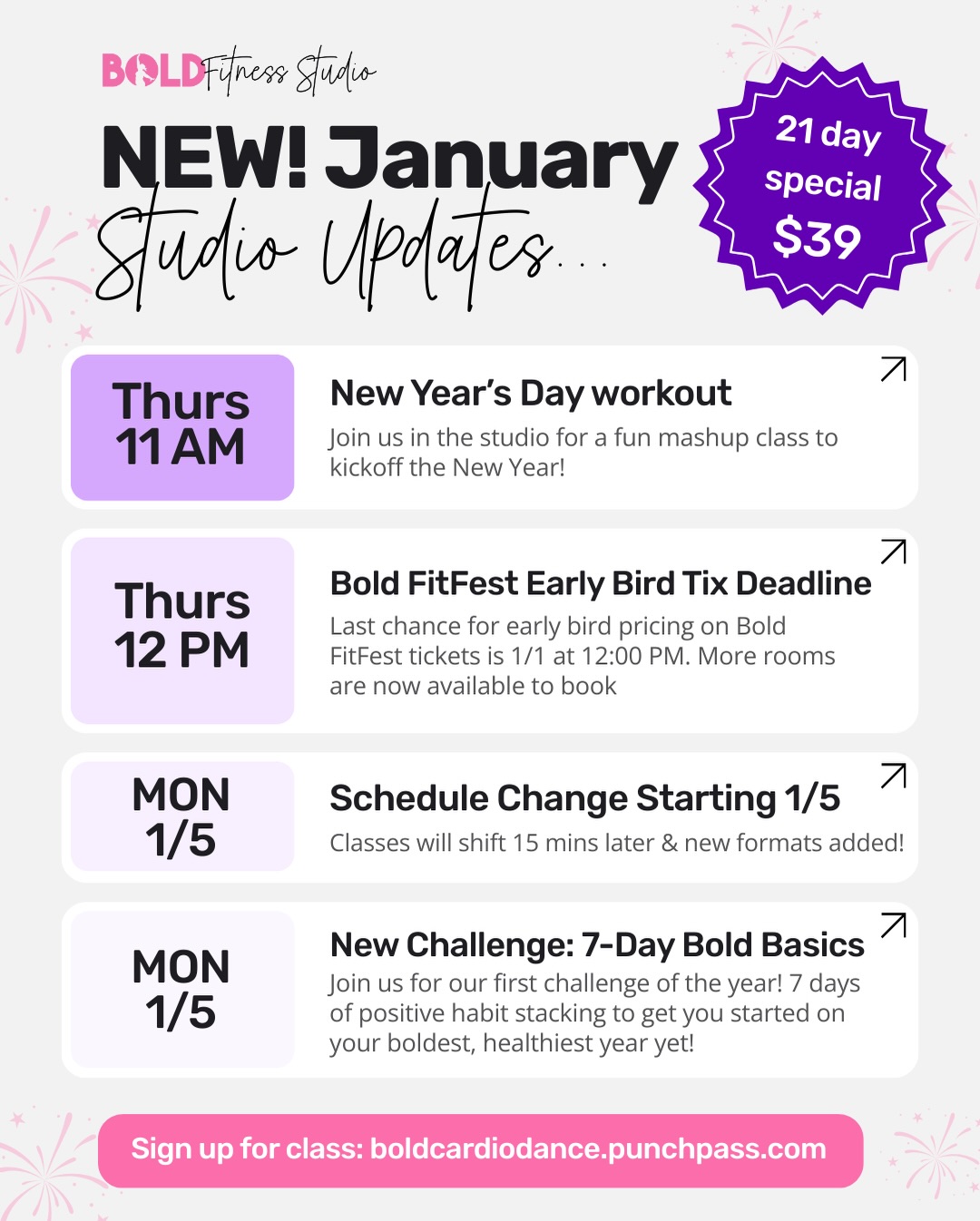 ✨ JANUARY AT BOLD IS HERE ✨
And we’re kicking off the year the Bold way — realistic, fun, and community-powered 💃💪
🗓 What’s happening:
• 🎉 New Year’s Day Mashup Workout — Thurs @ 11 AM
• ⏰ Schedule update starting 1/5 (new formats + slight time shift to fit your schedule!)
• 🔥 21 Days of Bold for $39 — unlimited classes and a special discount offer for our VIP membership!
• 🌱 NEW Challenge: 7-Day Bold Basics — 7 days of simple habit stacking and accountability so you can master (or re-master) the basics!
This is NOT about “new year, new you.”
It’s about building simple habits, showing up imperfectly, and finding your rhythm again — with support every step of the way 💗
✨ Kickoff for Bold Basics is Jan 4 via Zoom at 11:00 AM
✨ Download the workbook (🔗 in bio!)
✨ Join us in studio or online at BoldBodyAcademy.com
👇 Save your spot
👉 boldcardiodance.punchpass.com
👉 boldbodyacademy.com (online option!)
Let’s start 2026 feeling strong, supported, and BOLD ✨
#fitnessjourney #healthandwellness #boldbabes #onlineworkouts #dancefitness