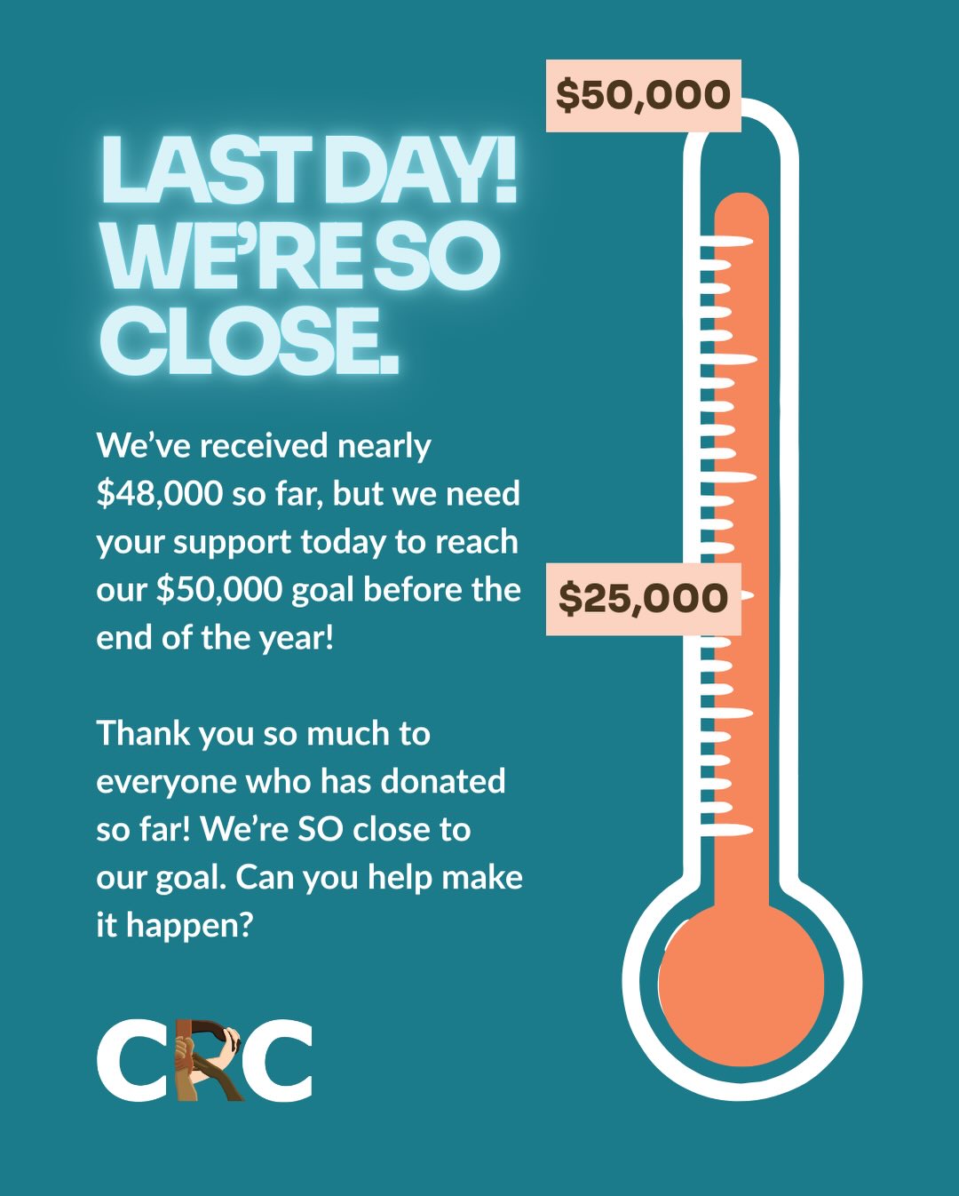 It’s the last day of our fundraising campaign and matching grant, and we’re only $2,000 away from our $50,000 goal! We need your support to get there. Can you help us?
Please donate now at crcommunities.org/donate or at the link in our bio. Anything helps! Thank you so much to everyone who has contributed so far 🧡