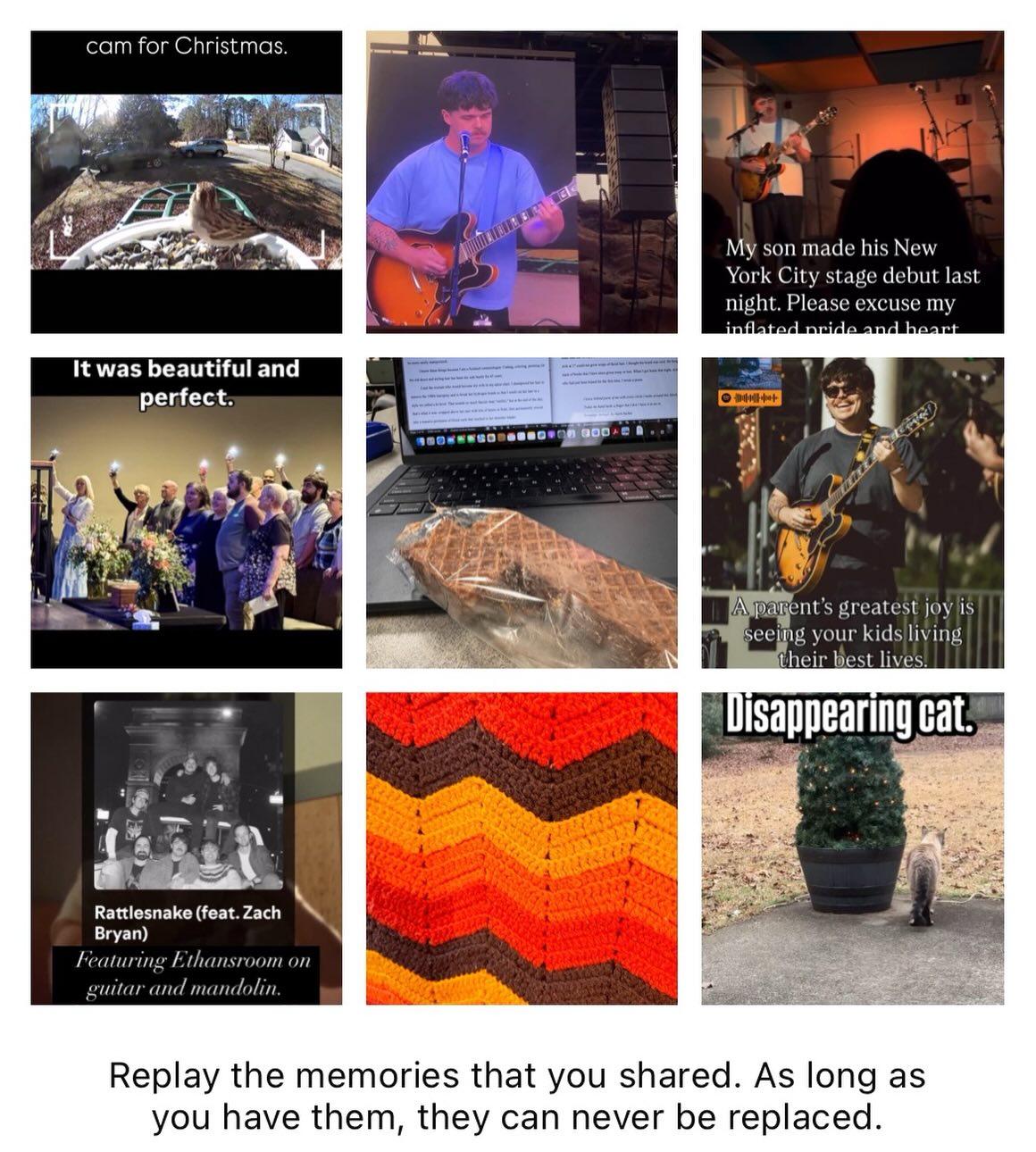 Top Insta 9. Music. Memories. Beans (the cat). Little Debbie’s. Bird cam. And, honoring my brother, David Bailey. #top9 #solong2025