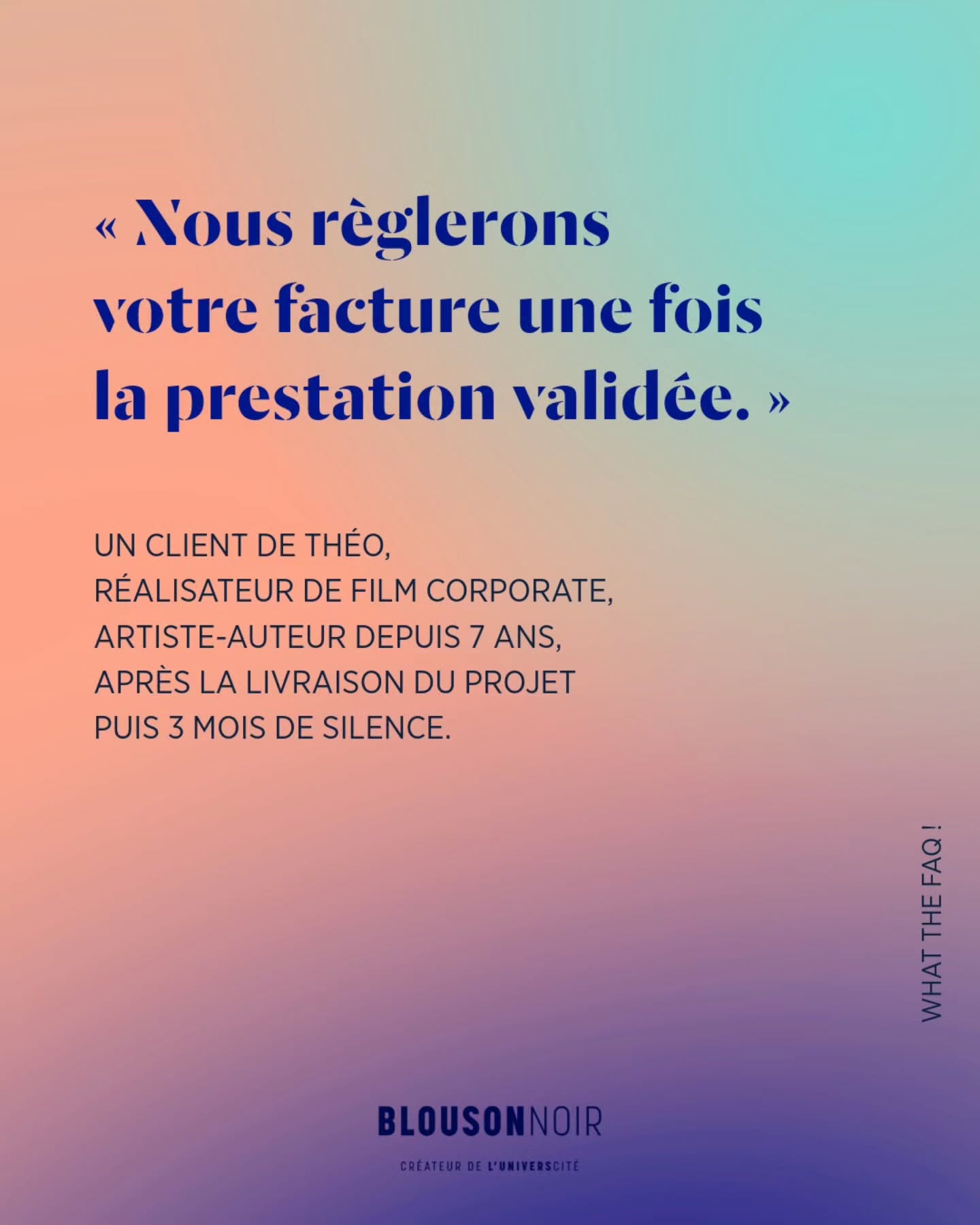 Dans #WhatTheFAQ, je partage des conseils actionnables pour répondre aux questions/remarques surprenantes de vos clients/es, prestataires, proches…
😑 Ces demandes sont parfois intentionnelles, plus ou moins habilement énoncées par votre interlocuteur/trice, pour vous emmener là où il/elle le souhaite.
😅 Mais majoritairement, elles sont lancées tel un automatisme :
• sans y avoir réfléchi,
• sans penser aux conséquences pour vous,
• sans que votre interlocuteur/trice ne se demande si cette exigence serait acceptable pour lui/elle-même,
• et bien souvent, en affirmant des idées reçues « C’est normal ! », « C’est la manière de procéder depuis des années ! », « Les autres freelances acceptent, pourquoi pas vous ? »…
🚨 Ce n’est pas parce que ces comportements sont répandus qu’ils sont pour autant acceptables. 🚨
Je pointe ces habitudes pour nous questionner chacun/e (tant dans le rôle du prestataire que dans celui du/de la client/e) sur les pratiques abusives, les remarques désagréables, les avis non sollicités, que nous entendons régulièrement. 😱
Je pointe ces usages en toute bienveillance. Soyons honnêtes, cela peut arriver à tout le monde de :
• formuler maladroitement une demande 😅
• répondre favorablement à une mauvaise pratique car nous ne savons pas comment refuser (ou que nous ne l’avons pas identifiée comme telle sur le moment).
Retrouvez des conseils directs dans ce carrousel pour vous aider à :
👀 Prendre conscience que ce n’est pas normal,
🤯 Ne plus être déstabilisé/e ou affecté/e,
😉 Savoir comment répondre !
💬 Comment répondez-vous ?
Vos conseils peuvent être utiles à d’autres entrepreneurs/es créatifs/ves. 🙏
#RelationClient #RespectCreation #EntrepreneuriatCreatif #FormationEntrepreneuriatArtistique