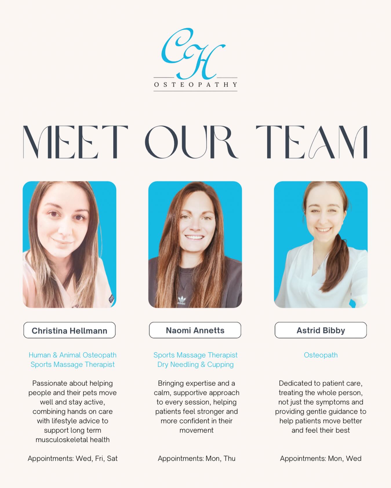 Hello 2026… 🎆
Wishing all our patients a Happy New Year! 🎉 We’re so grateful for your support and can’t wait to see you in 2026 👋.
We thought it was the perfect time to re-introduce the team at CH Osteopathy 💙.
We’re here to help you move better, feel stronger, and support both mind and body, covering all your musculoskeletal needs 💪.
Feel free to book yourself in or contact us using the details below ☺️.
📞 01634 710292
🖥 info@chosteopathy.co.uk
🌐 www.chosteopathy.co.uk
#MeetTheTeam #HappyNewYear #MSKHealth #MoveWell #BackCare ClinicLife