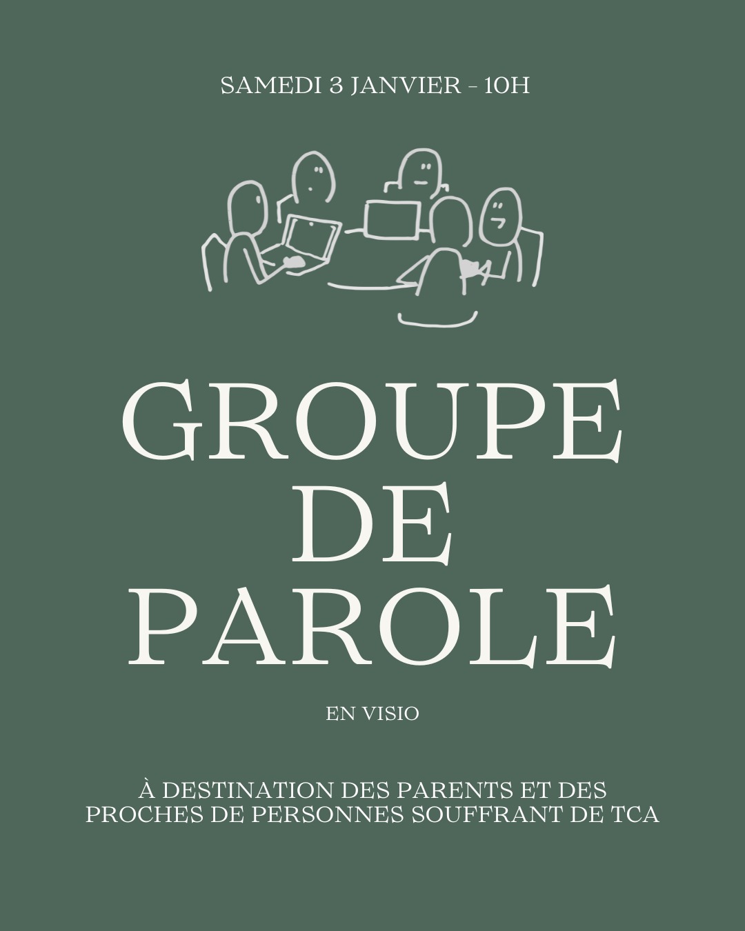 Être proche d’une personne confrontée à un trouble du comportement alimentaire (anorexie, boulimie, hyperphagie, etc.) peut être source d’inquiétude, de questionnements et parfois d’isolement.
Ce groupe de paroles en visio a pour objectif de vous offrir un espace sûr et bienveillant pour :
- Partager vos expériences et ressentis sans jugement.
- Échanger des conseils et des stratégies pour mieux accompagner votre proche.
- Comprendre les enjeux liés aux TCA et identifier les ressources disponibles.
- Trouver soutien et réconfort auprès de personnes vivant des situations similaires.
Animé parJulie Parisot et @laheurteav , ce groupe favorise l’écoute, le respect et la confidentialité.
Informations pratiques :
- Format : Réunion en visio, durée approximative 1h
- Date : 03/01/2026 (inscription obligatoire)
- Public : Familles et proches de personnes souffrant de TCA
⚠ Cet espace n’est pas un suivi thérapeutique individuel, mais un lieu de soutien et d’échange entre pairs.