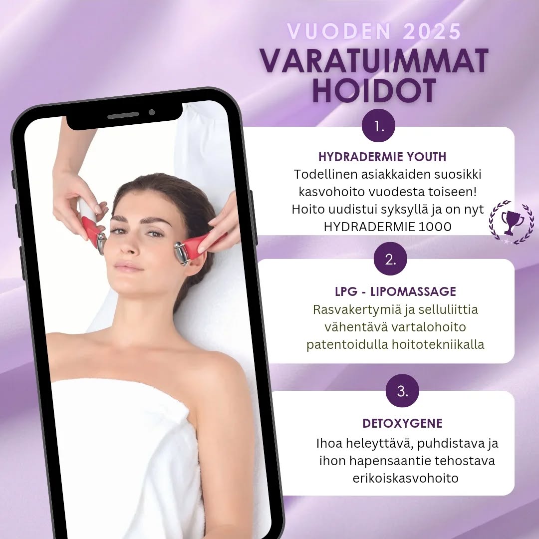 VUODEN TOP 3 VARATUIMMAT HOIDOT💜
1. HYDRADERMIE YOUTH erikoiskasvohoito on ollut asiakkaidemme suosikki kasvohoito jo vuosia. Hoito uudistui syksyllä ja on saanut upean vastaanoton asiakkailtamme✨ HYDRADERMIE 1000 on siis entistäkin tehokkaampi uusien raaka-aineiden ja protokollan myötä!
Hinta: 145€
2. LPG - LIPOMASSAGE
Vartalohoito patentoidulla hoitotekniikalla vähentää tehokkaasti rasvakertymiä ja selluliittia sarjahoitona otettuna! 🤍
Hinta: 75€
3. DETOXYGENE
Manuaalinen erikoiskasvohoito heleyttää ja tehostaa ihon hapensaantia sekä puhdistaa hellävaraisesti ihoa kuivattamatta sitä🌿 Hoidon hyödyt todella näkyvät ihossa!
Hinta: 109€
Osuiko sinun suosikki hoitosi listaukseen tai löysitkö uuden mielenkiintoisen hoidon listasta jota haluaisit kokeilla?
#guinotfinland #hydradermie1000 #lpg #lipomassage #detoxygene