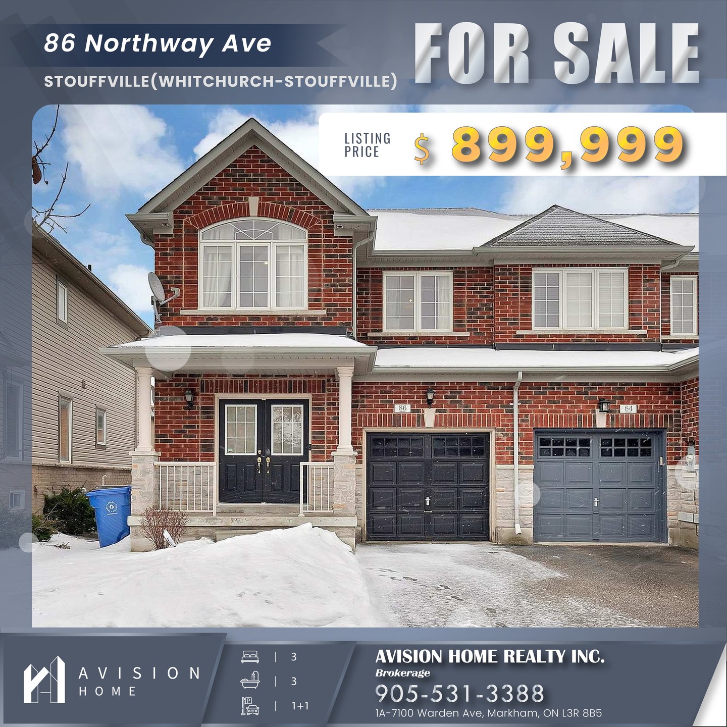 ✨ JUST LISTED! 86 NORTHWAY AVE ✨
📍 86 Northway Ave, Whitchurch-Stouffville (Stouffville)
💰 $899,999
🏡 Spacious 3-Bedroom, 3-Bathroom End Unit Townhome with True Freehold – No Monthly Fees!
🌟 Nearly 1,600 SqFt of Bright, Open-Concept Living Space Across Two Floors
📐 Main Floor Features Hardwood Floors Throughout & Pot Lights
🍽️ Upgraded Kitchen w/ Quartz Counters, Stainless Steel Appliances & Separate Dining Area
🪴 Walk-Out from Living Area to Large Deck & Expansive Private Backyard – Perfect for Entertaining
🛏️ Primary Bedroom Includes a Walk-In Closet & 4-Piece Ensuite Bath
🔧 Unfinished Basement – Your Canvas to Expand or Customize
🚗 Built-In Garage + Driveway Parking | Total 2 Parking Spaces
🌳 Located on a Tree-Lined Street Close to Parks, Trails & Highly-Rated Schools
🛍️ Steps to Local Shops, Cafés & GO Transit for Easy Commuting
📩 CONTACT ME NOW TO SCHEDULE A VIEWING:
☎️ 905-531-3388
🌐 https://www.avisionhome.com
#WhitchurchStouffville #StouffvilleRealEstate #YorkRegion #FreeholdTownhouse #EndUnit #NoCondoFees #FirstTimeBuyer #FamilyHome #GTARealEstate #MoveInReady #OpenConcept #UpgradedKitchen #LargeBackyard #ParkNearby #GOTransit #AvisionHome
