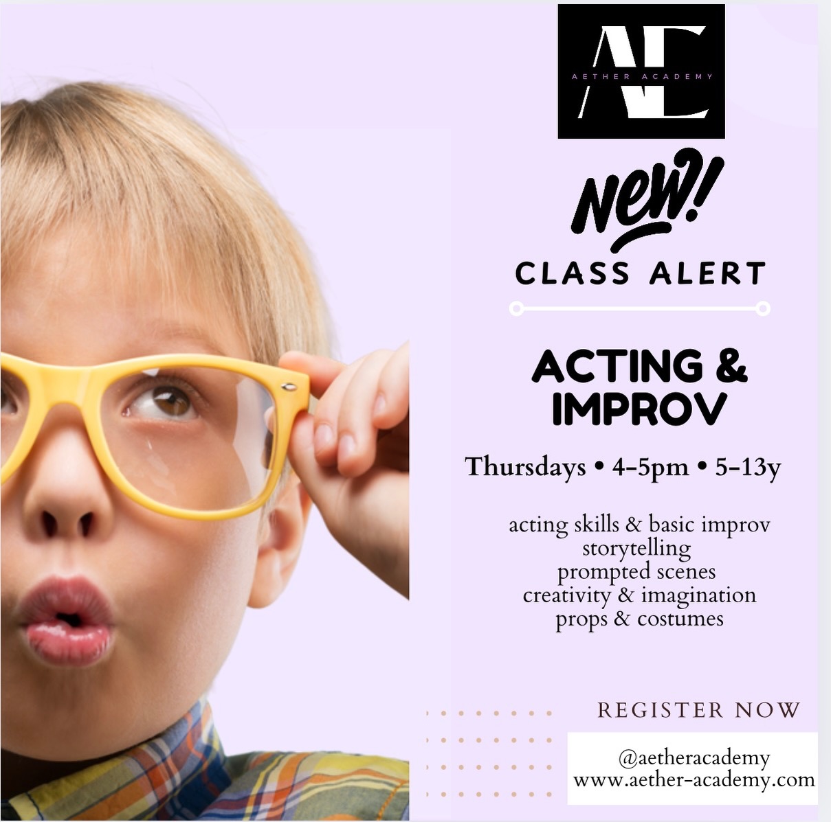 New Class Alert ‼️ Acting & Improv 📣
For kiddos 5-13 years - come join our super fun class focusing on;
⭐️acting skills & basic improv
⭐️storytelling
⭐️prompted scenes
⭐️creativity & imagination
⭐️props & costumes
📆 Thursdays
🕛 4-5pm
📍 8234 W SR-84, Davie 33324
Secure your spot today ->
www.aether-academy.com
#kidsacting #actingcoach #dancestudio #browardfl #daviefl