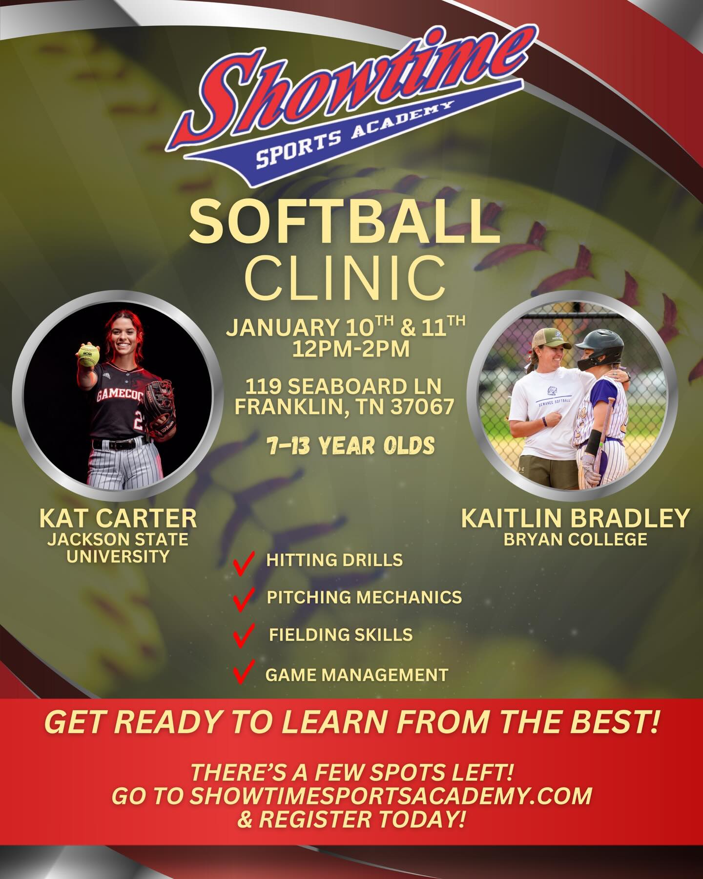 Register today for our Softball Clinic at Showtime! @katherine.carter_ and @coachbradley_sb will share their wealth of knowledge and high level experience as both players on the field and coaches behind the scenes. There are still a few spots left, so reserve your spot for this weekend!