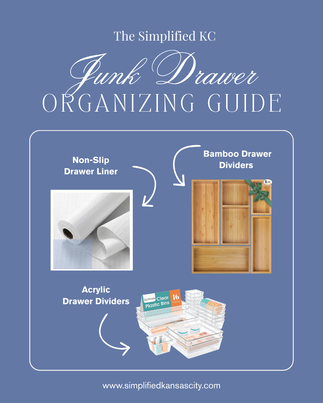 Want to level up your drawers a little? Here are my favorite junk drawer essentials ✨
I always start with a non-stick drawer liner — it makes cleaning out the drawer SO easy and keeps everything wipeable and fresh. I add acrylic drawer organizers to categorize and contain each item so nothing turns back into a pile. While they're not dishwasher safe, they're super easy to rinse. Bamboo is also great!
✨ Reminder: products are NOT an essential part of this challenge. Decluttering comes first! But if you’re looking to step it up, these are my go-to faves.
#SimplifiedKC #DeclutteringChallenge #JunkDrawer #OrganizedKitchen #SimpleSystems #OrganizingTips #KansasCityOrganizer