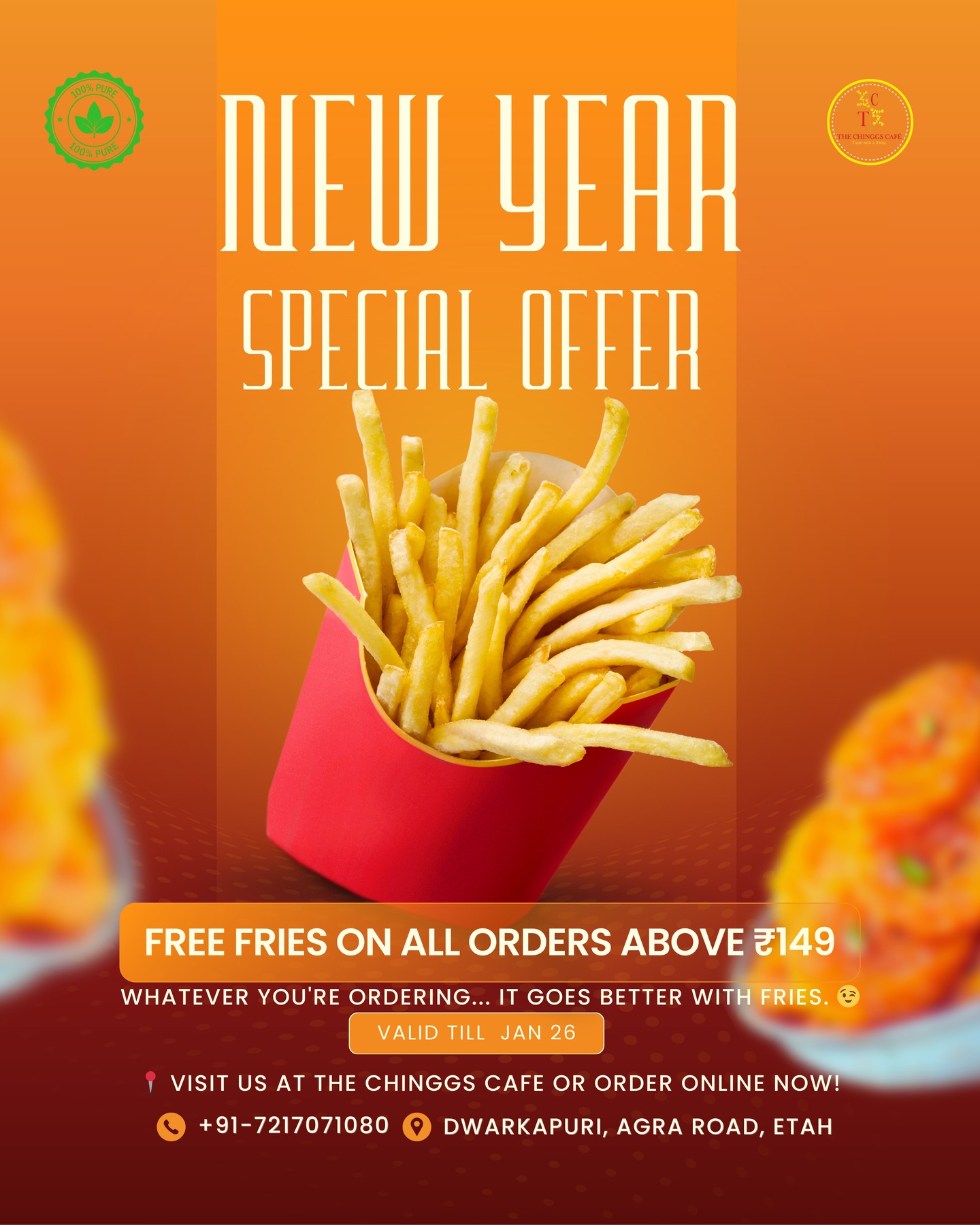 Did someone say FREE FRIES? 🍟✨
Get your crunch on! 😋 ✅ Order items worth ₹149+. ✅ Get Fries FREE.
It’s that simple. Order from The Chinggs Cafe today!
#FreeFries #TheChinggsCafe #EtahEats #FoodOffer #CrispyDeal #EtahFoodies #FriesLover #ComboDeal #Etah #FastFood #Hungry #SpecialOffer #Freebies #Etah #FoodDeals #Yummy