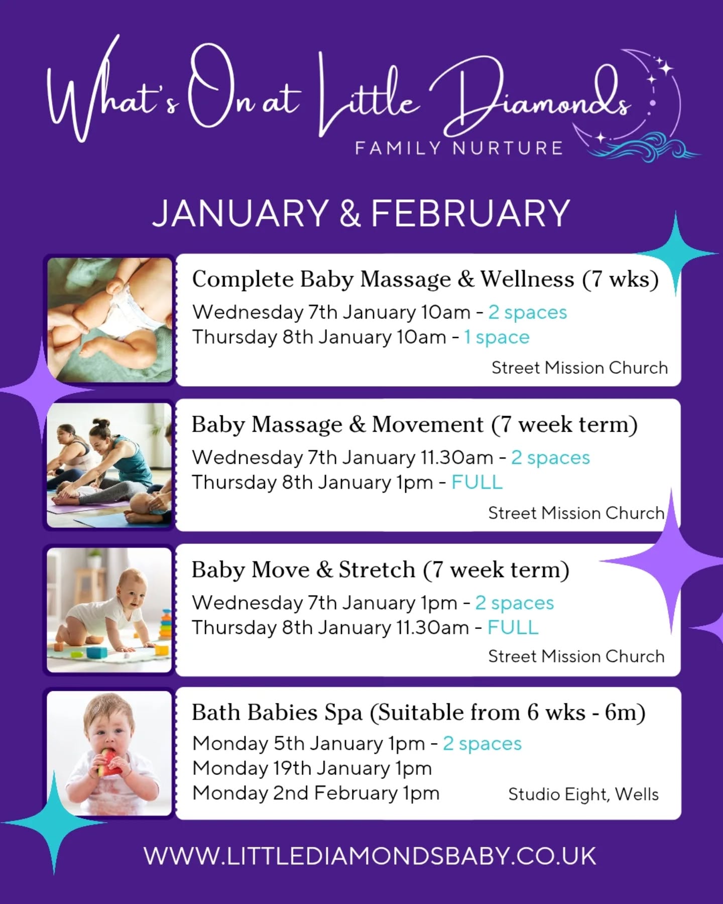 โจ๏ธ What's On for January and February โจ๏ธ
Classes resume next week, and there's still time to join us. This time of year can drag for new parents, so let us keep those January blues away and nuture you through the rest of winter. Enjoy a class and a cuppa every week with us.
Not sure which to choose for your baby? Read below...
๐ Complete Baby Massage & Wellness ๐
(Suitable from 6 weeks to pre-crawling)
7 wonderful weeks of bonding with your baby, connecting with others, and slowing down to create beautiful moments. You'll learn all about baby massage and how to create a calming environment for your baby, plus how to cope with teething, colic, sleepless nights, and so much more.
-
๐โโ๏ธBaby Massage & Movement ๐งโโ๏ธ
(Suitable from 3 months to pre-crawling)
These classes are the perfect mix of baby massage and baby yoga to support your baby's development. Each term includes a Story Massage week and a Seasonal themed week. There's a focus on parents, too, as we include some gentle stretching, breathing, and relaxation techniques to keep you looked after.
-
๐ถ๐ผ Baby Move & Stretch ๐ถ๐พ
(Suitable for crawling babies)
Move your baby with baby yoga, active swings, dips and even some somersaults! Not only does this class work on development, but there are lots of giggles too. Parents are still looked after as well, with relaxation and mindfulness every week.
-
๐ซง Bath Babies Spa ๐ซง
(Suitable from 6 weeks to approx 6 months)
A beautiful warm sensory bath, followed by a massage... what could be better?! With lots of snuggle time and love, we'll guide you through how to make the most of bath time, easy the transition out of the bath and relax your baby with a massage.
-
Join us today and enjoy a season of cuddles and connection ๐ฅฐ
๐ป littlediamondsbaby.co.uk
๐ง Julie.littlediamonds@gmail.com
We can't wait to welcome you ๐
#BabyMassage #BabyYoga #BathBabies #BabySpa #Love #Oxytocin #Connection #Autumn #Parents #Baby #BabyClasses #MendipParents #SomersetParents #Street #Glastonbury #Wells