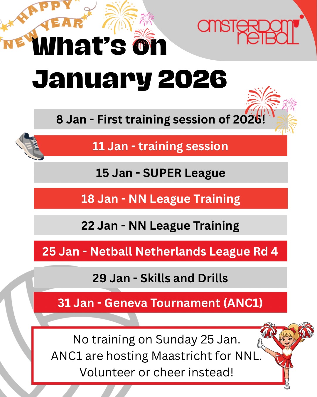 Weβre back baby! First training session is 8 January. With beers after? Which Sunday should we plan a big brunch for this month?