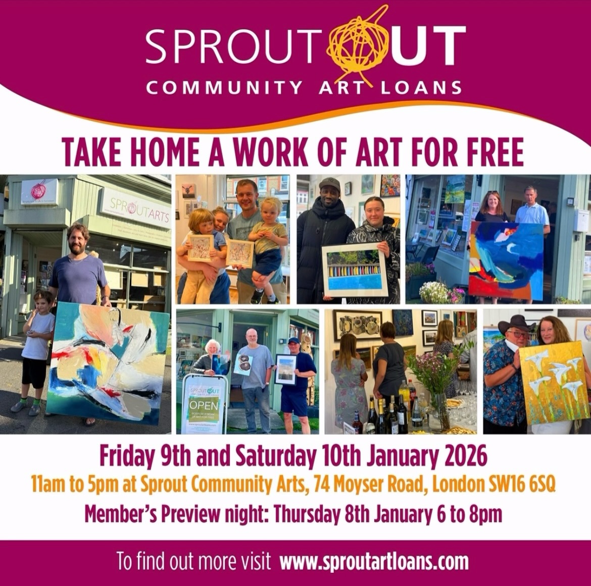 Our next Art Loan event is fast approaching. Members of Sprout may borrow a piece of art for 6 months for free - at the end of that time you can purchase or return and swap - what’s not to love! We will have over 50 pieces of original art to choose from. You can join as a member on the day for £15 please bring proof of address.
If you have a piece on loan you need to return then the dates are as follows:
Sunday 4th January 11-2pm
Monday 5th January 10-2pm
The next event to choose a new piece of art will be:
Private View for members Thursday 8th January 6-8pm
Open to public - Friday 9th and Saturday 10th January 11-5pm