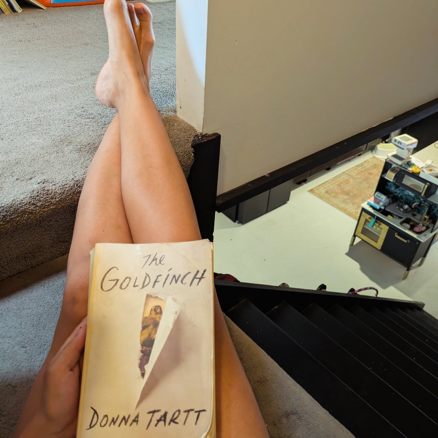 My very favourite part of our home is this tiny nook at the top of the stairs, where I put a couple cushions behind my back and read once everyone is finally asleep. Today tho I got to do my favourite activity in the DAYTIME when the kids went to BUNNINGS with their dad 😅🙌🏽🙌🏽
I got the time to finally finish this opus of #donnatartt , #thegoldfinch which has been gathering dust on the shelf for about eight years at least .... I loved #thesecrethistory, hated #thelittlefriend and had heard enough criticism of this one to not bother for a while..... My verdict now it's done, is it definitely got me hooked in, though at times I nearly quit it, it did drag at times. It's certainly clever, how it weaves genetic predispositions, fate, characters from the past reappearing in the present and a long running commentary or philosophical questioning of art, aesthetics and what we term valuable and culturally/socially important. It was pretty depressing in many moments as well, and also lacked any cultural diversity despite being set in NYC. I won't read it again, it's off to the charity shop, but it was a good read and a good distraction. My next one will be a bit lighter, a palate cleanser if you will 🥴
The babies returned when I had two pages left, kindly they left me to it to get the end, and then the four year old asked to have this Spiderman manga-type book read to him which is way too old for him but we give it a go anyhow! Just delighted whenever either of my kids enjoy a book with or without me!