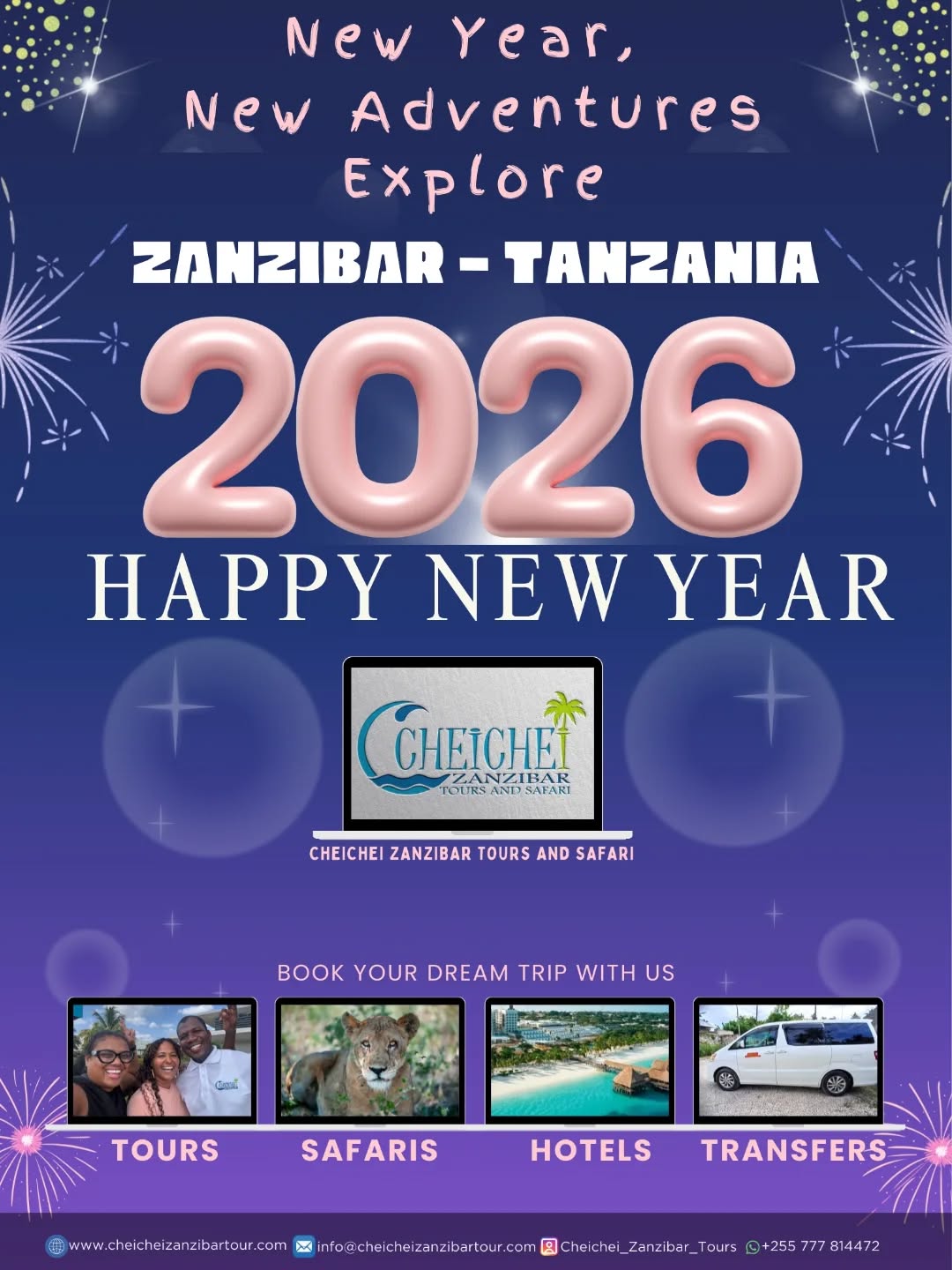 Happy New Year 2026
A new year means new adventures, new beaches, new safaris and unforgettable memories. Make this your year to explore Zanzibar & Tanzania with us!
Book your dream vacation today.
WhatsApp
+255 777 814472
Email
info@cheicheizanzibartour.com
Please visit our website
www.cheicheizanzibartour.com
🎄
🧳
🐬
🏝️
#happynewyear2026♥️🎆🎉✨🎈🌹💐❤️❤️❤️👌🤗🙌👏😘🥰❤️❤️❤️🧿💃💃💃 #vocation #zanzibar🇹🇿 #tanzania #holidayseason