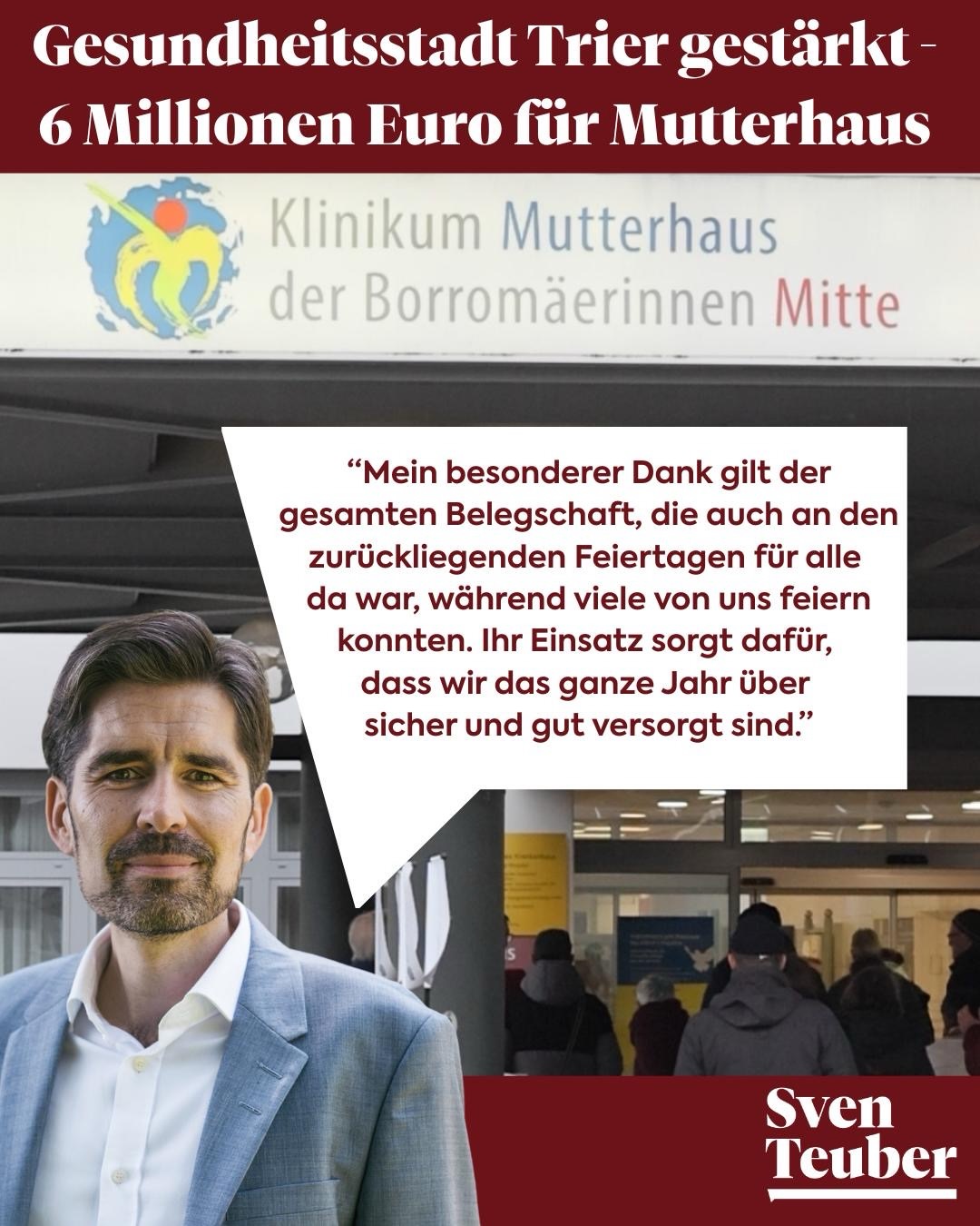 💸6 Millionen Euro vom Land für Trier – ein klares Bekenntnis zur Gesundheitsstadt.
🏥 Starke Krankenhäuser, moderne Medizin und Wertschätzung für Tausende Beschäftigte.
So sichern wir gute Versorgung heute und morgen. Danke an alle, die an 365 Tagen im Jahr für uns da sind.⛑️
#trier #gesundheit #mutterhaustrier #sventeuber #rlp