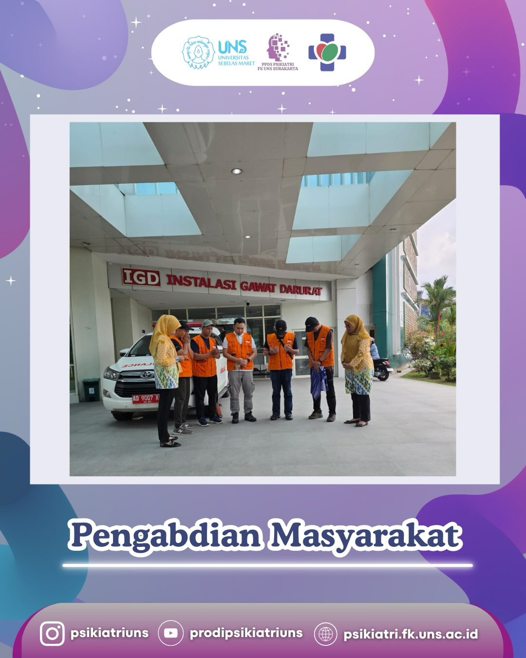 ✨Psikiatri FK UNS Hadir untuk Kemanusiaan✨🚑
Sebagai bagian dari komitmen pengabdian kepada masyarakat, Program Studi Psikiatri UNS berpartisipasi dalam Tim Kesehatan Tanggap Bencana mewakili FK UNS, RS UNS, RSUD dr. Moewardi yang ditugaskan ke Provinsi Aceh dan Sumatera Utara untuk membantu para korban bencana alam.
Tidak hanya pemulihan fisik, bencana juga meninggalkan luka psikis yang mendalam. Melalui dukungan kesehatan jiwa dan psikososial, Psikiatri FK UNS berupaya hadir memberikan pendampingan, penguatan, dan harapan bagi para penyintas agar mampu bangkit dan pulih secara menyeluruh.
Langkah kecil ini adalah bagian dari tanggung jawab besar insan akademik dan tenaga kesehatan untuk selalu hadir di tengah masyarakat, terutama saat mereka paling membutuhkan.
Semoga setiap ikhtiar menjadi amal kebaikan dan membawa pemulihan bagi saudara-saudara kita