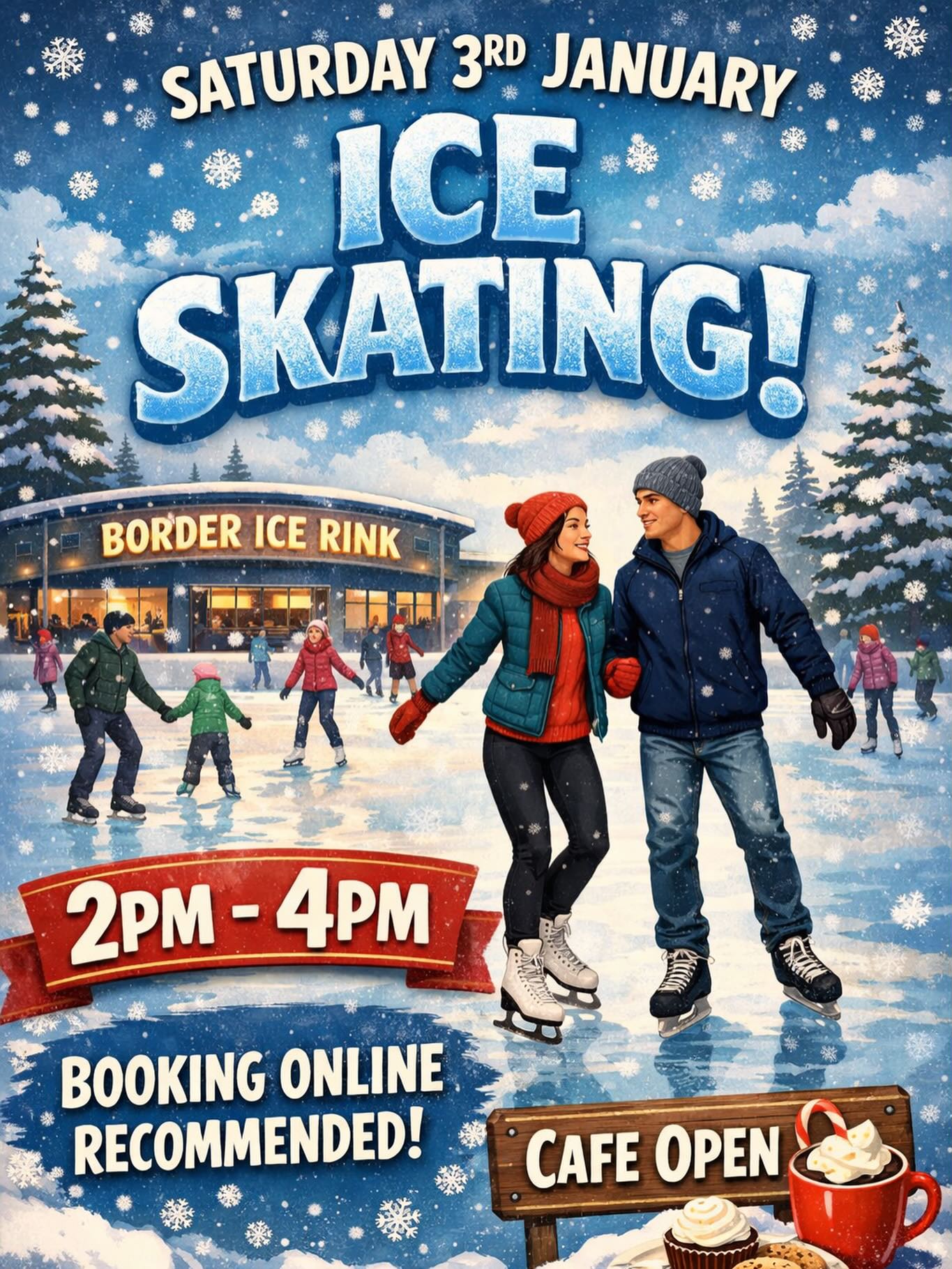 ❄️ Ice Skating at Border Ice Rink ⛸️
📅 Saturday 3rd January
🕑 2pm – 4pm
Enjoy a fun skating session for all ages at Border Ice Rink!
🎟️ Booking online recommended
☕ Café open for hot drinks and snacks
Wrap up warm and come along for a great afternoon on the ice!